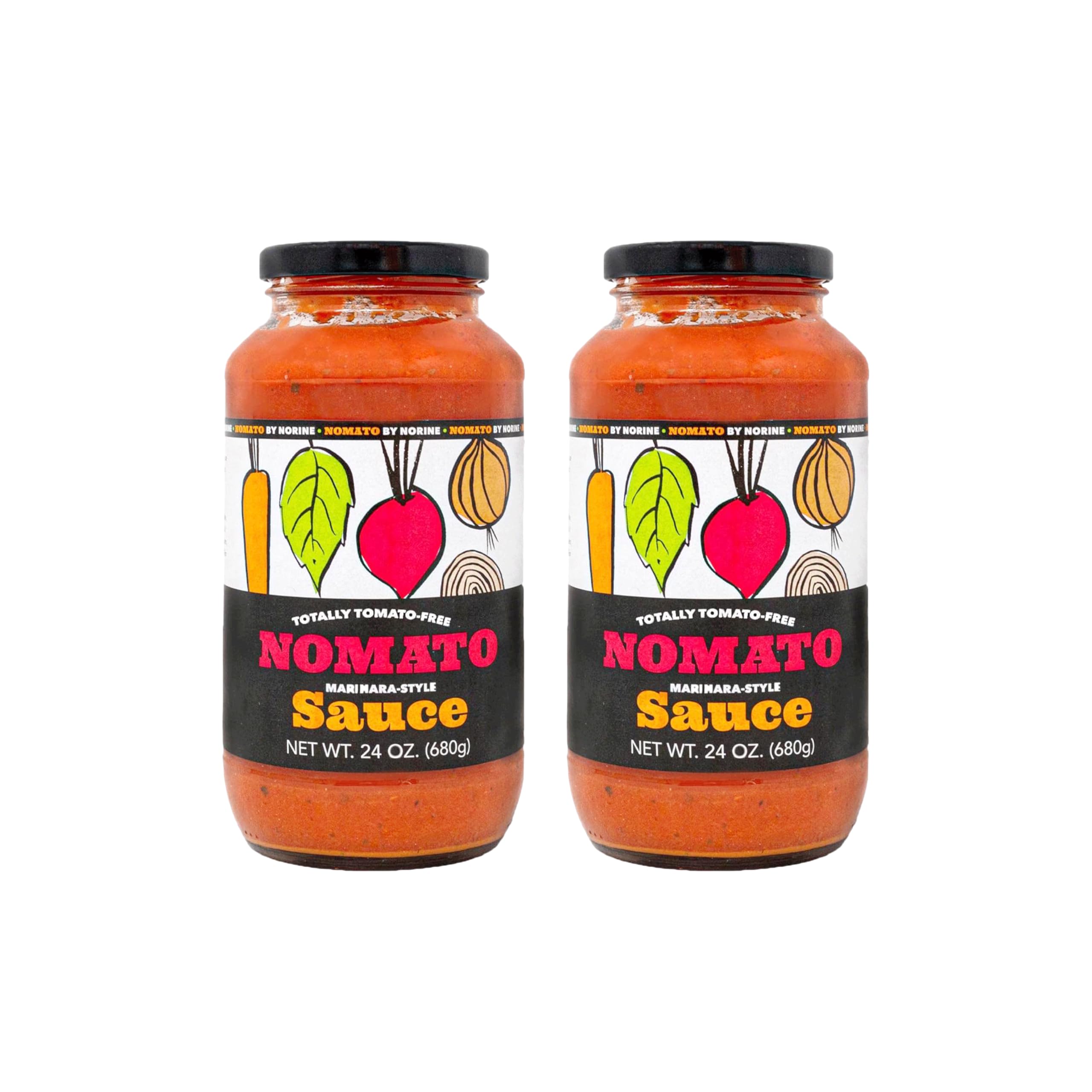 Nomato frasco frontal pack 2x24oz mostrando envase y diseño, marca Nomato aporta alternativa sin tomate