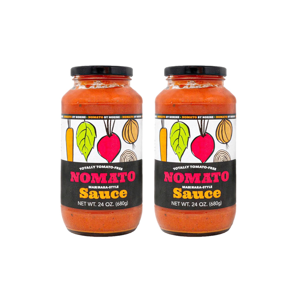 Nomato frasco frontal pack 2x24oz mostrando envase y diseño, marca Nomato aporta alternativa sin tomate