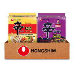 Nongshim empaque frontal mostrando Shin Gold y Shin Tom Yum, ideal para surtir despensa