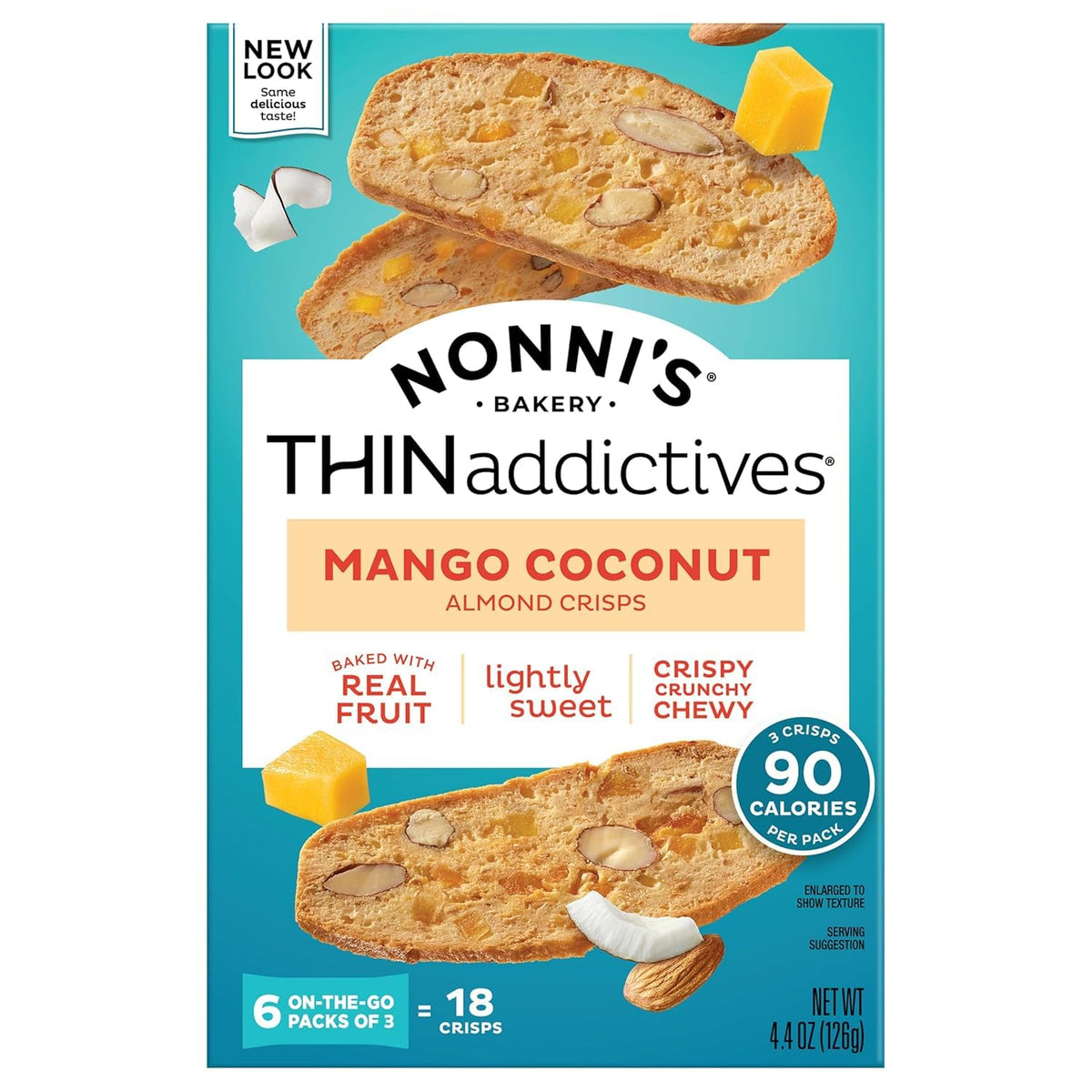 Nonni's frente del empaque mostrando mango y coco, práctico para llevar