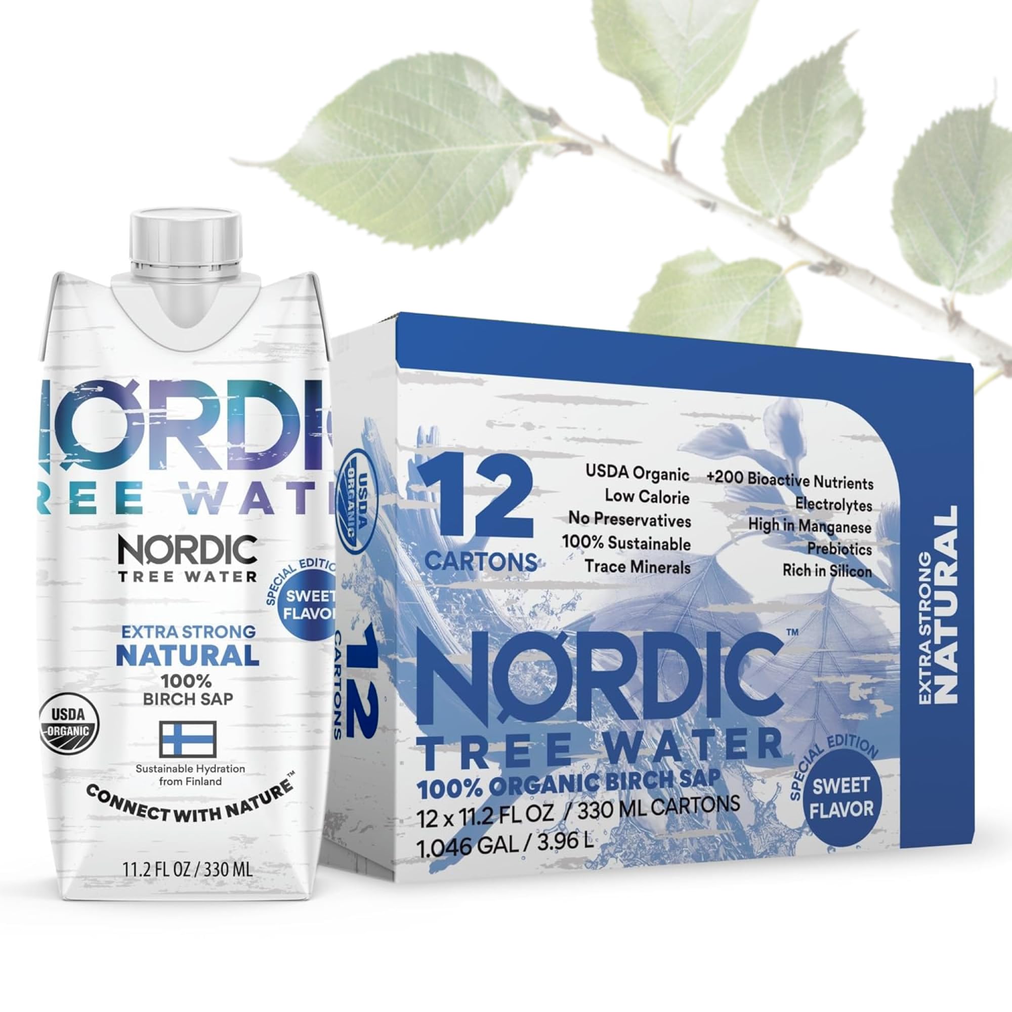 Nordic Tree Water frente del envase mostrando etiqueta y beneficio hidratante