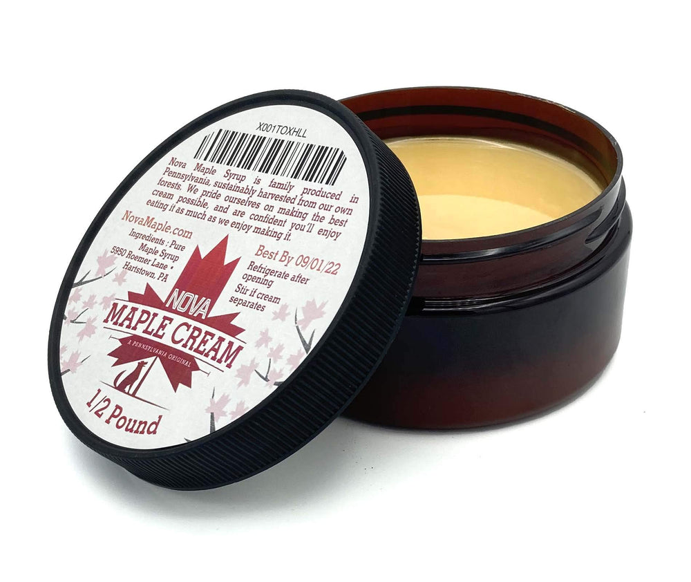 Nova Maple Syrup frasco delantero mostrando etiqueta y contenido cremoso