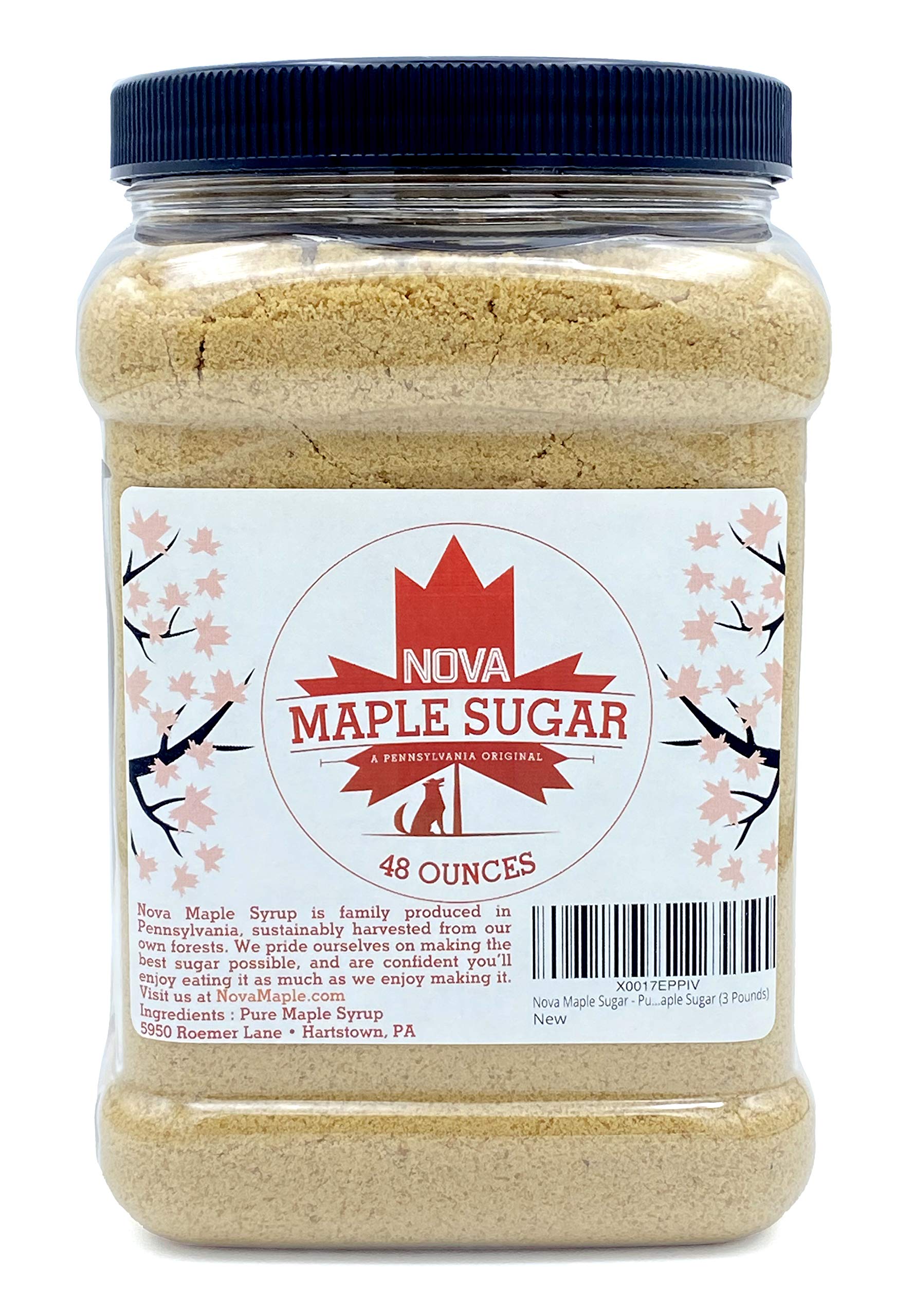 Nova Maple Sugar frente del envase mostrando presentación de 3 libras y pureza