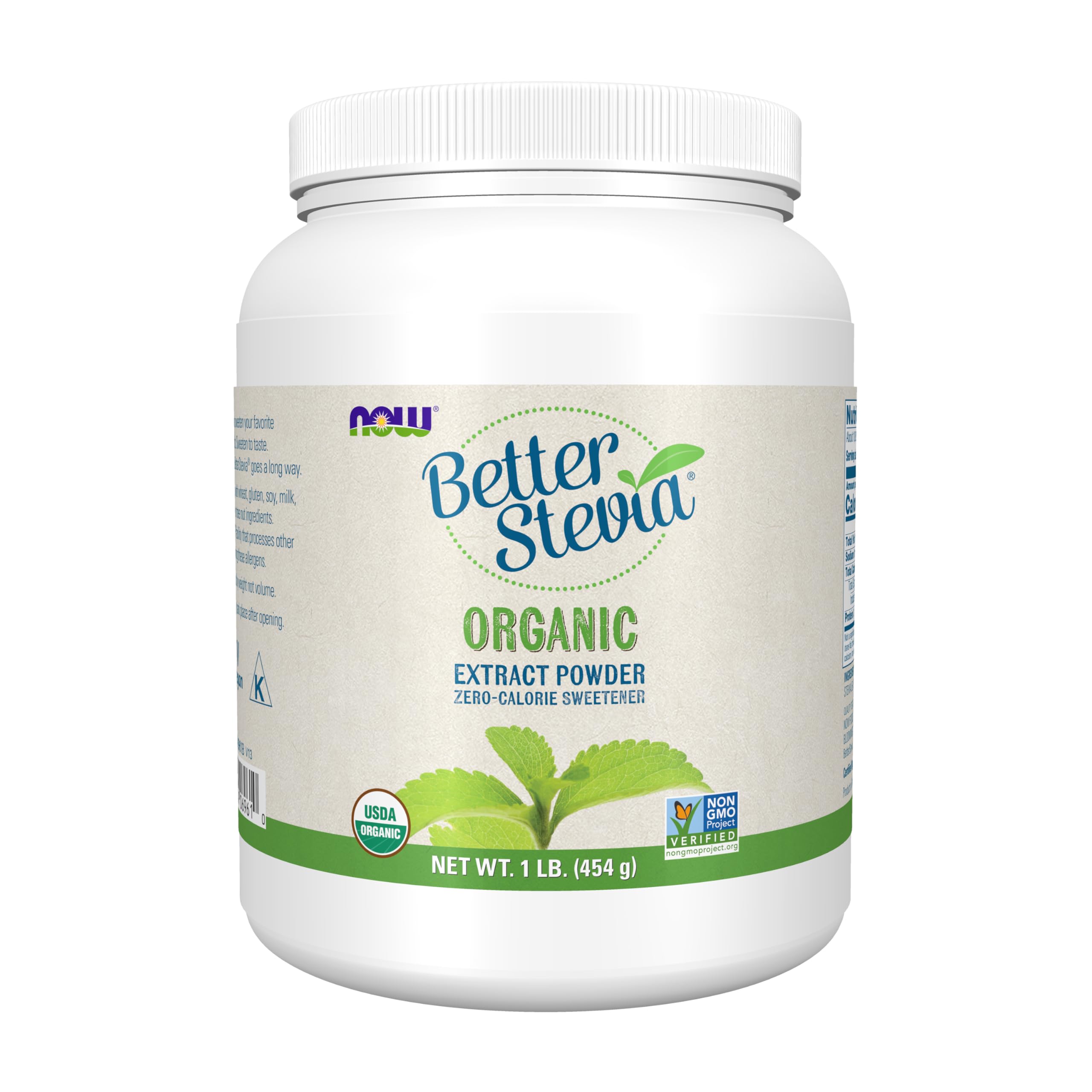 NOW BetterStevia envase frontal mostrando tamaño y certificaciones, fácil ahorro