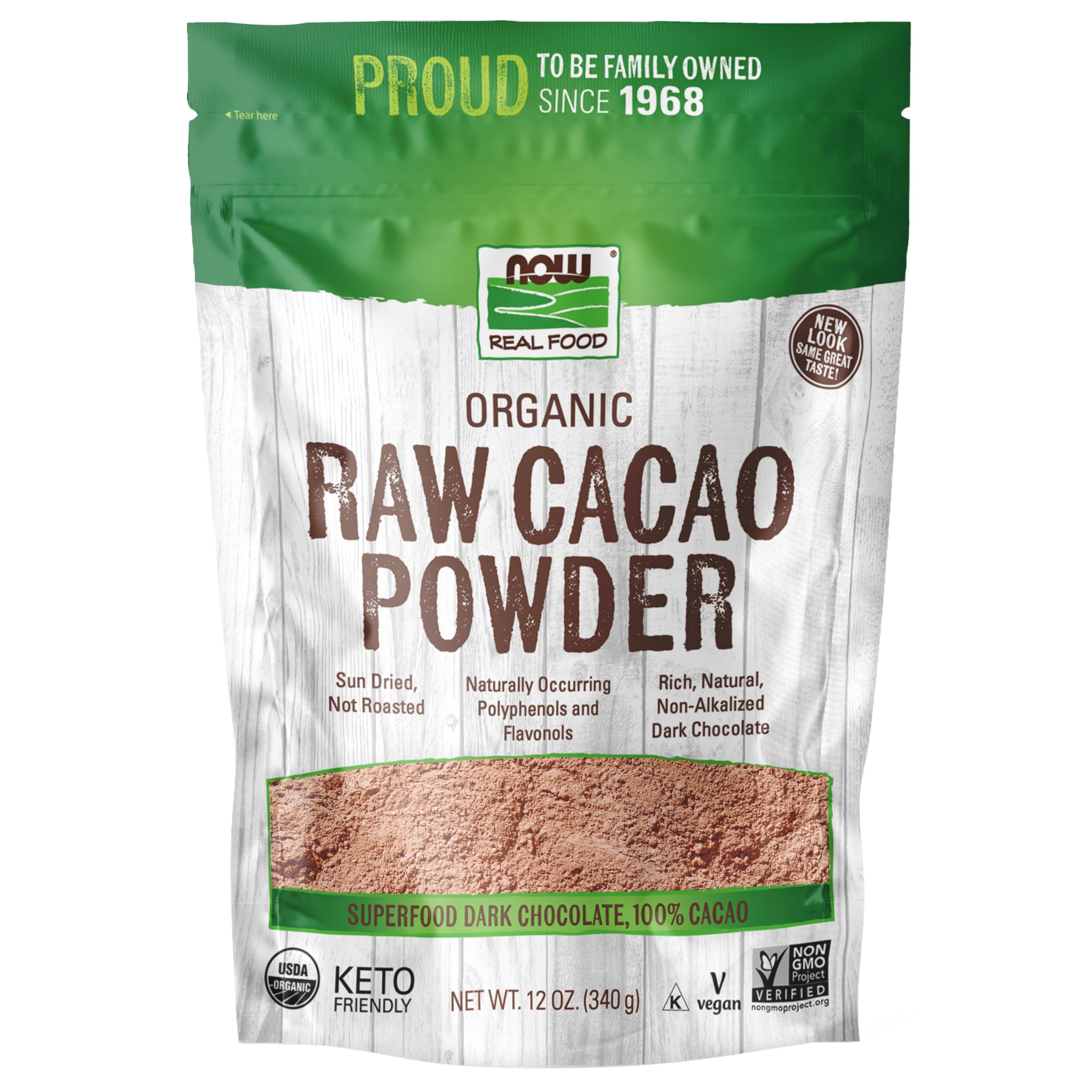 NOW empaque frontal del cacao crudo orgánico mostrando marca y etiqueta