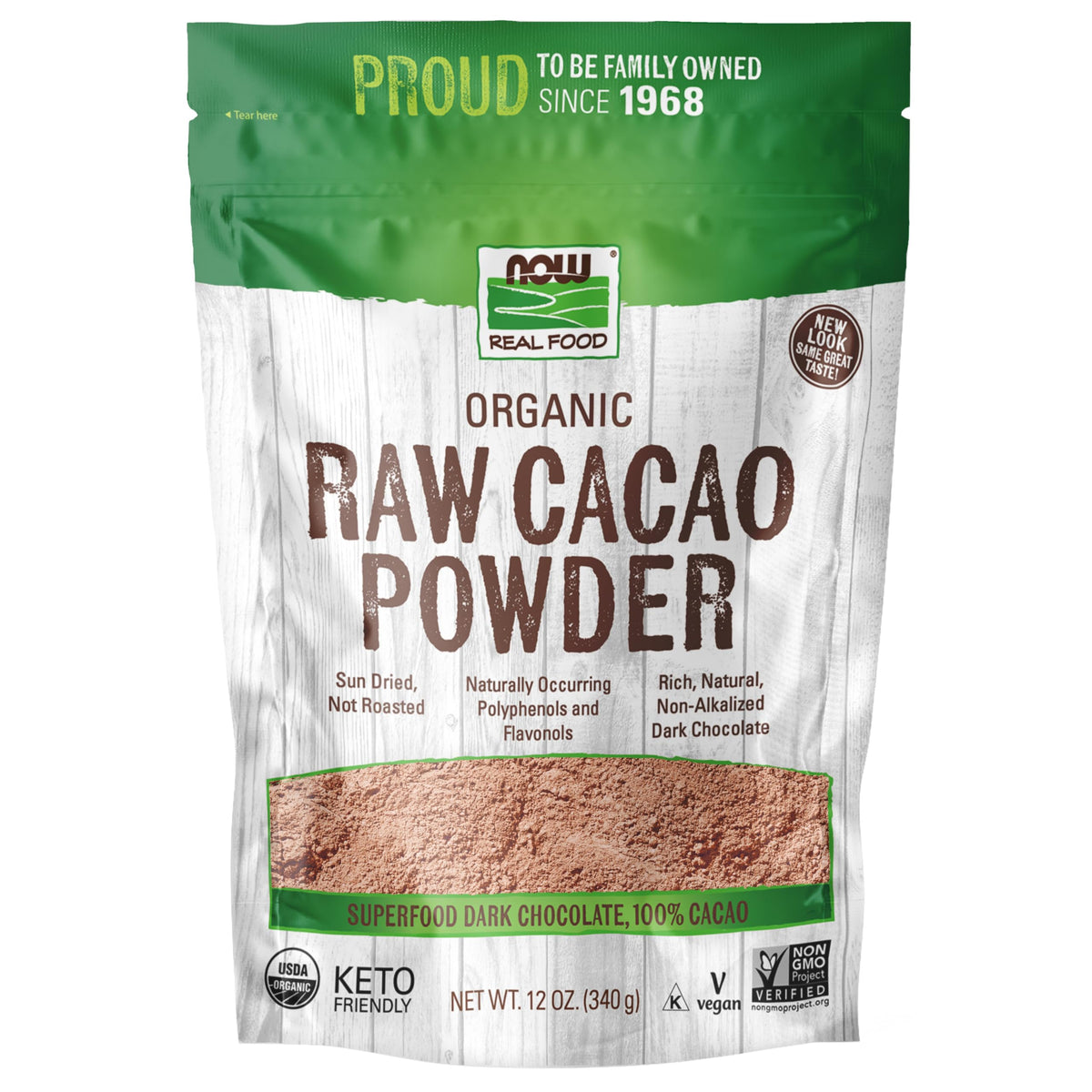 NOW empaque frontal del cacao crudo orgánico mostrando marca y etiqueta