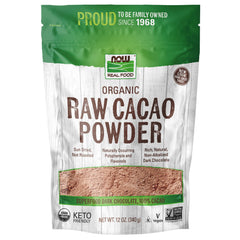 NOW empaque frontal del cacao crudo orgánico mostrando marca y etiqueta