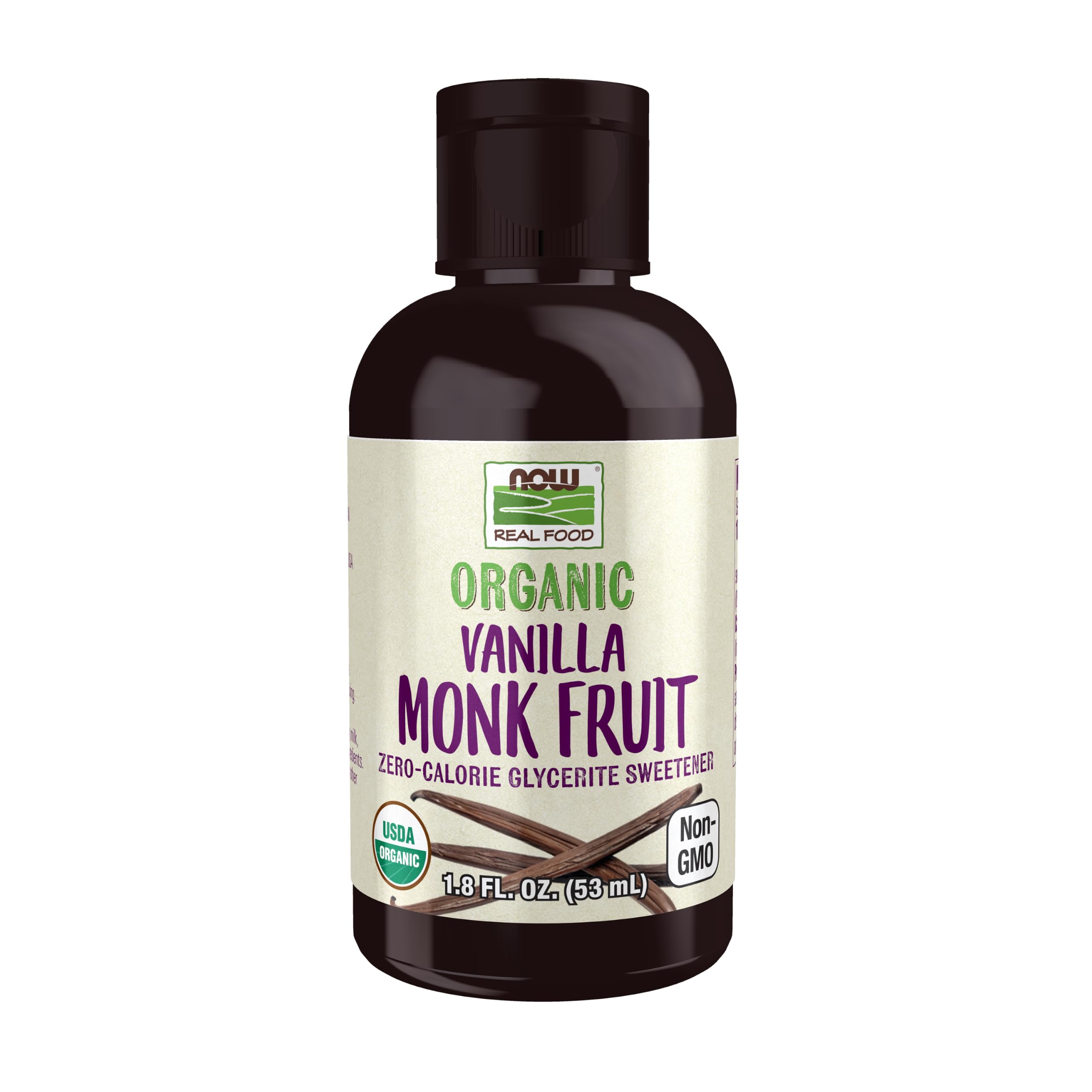 NOW botella frontal de Monk Fruit líquida mostrando tamaño compacto y sello orgánico