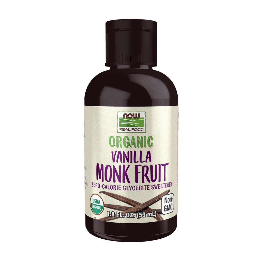 NOW botella frontal de Monk Fruit líquida mostrando tamaño compacto y sello orgánico