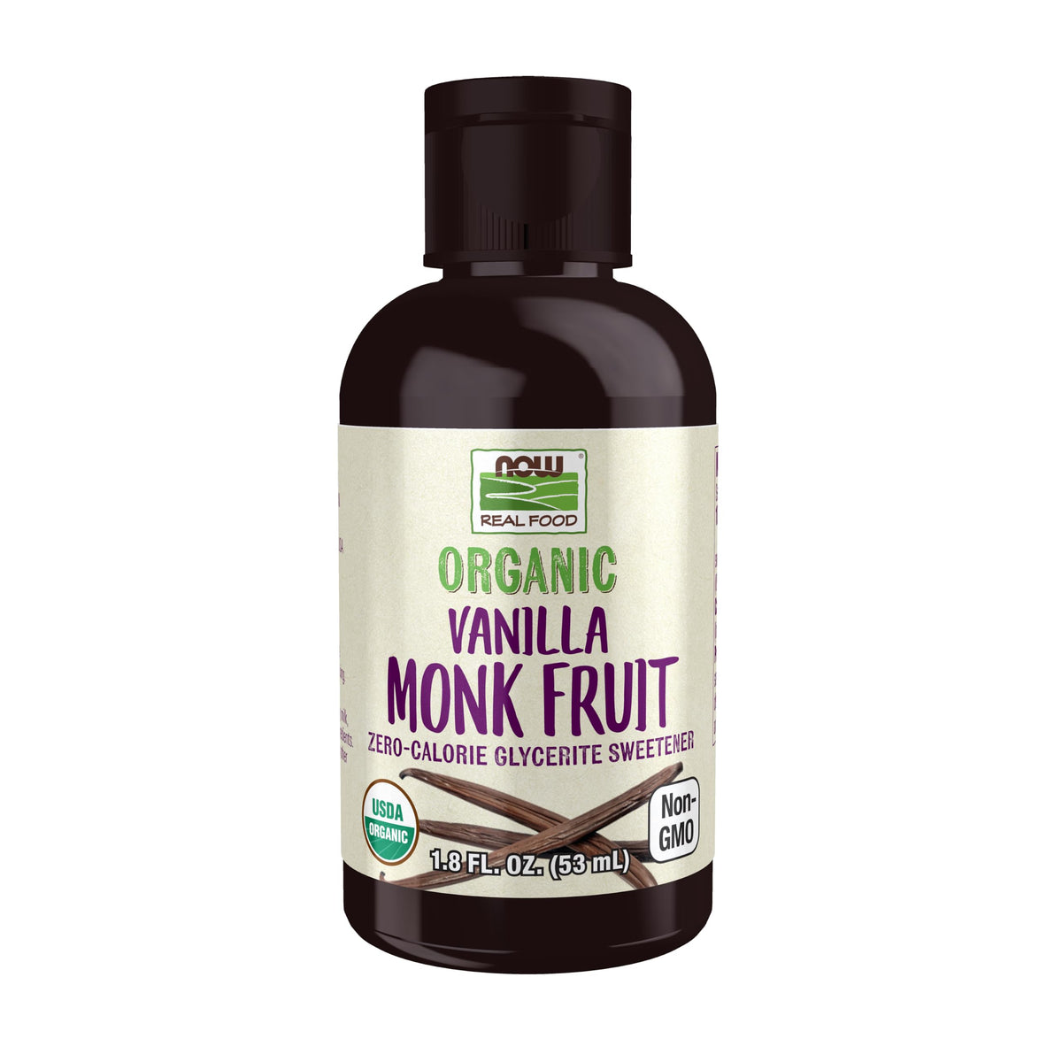 NOW botella frontal de Monk Fruit líquida mostrando tamaño compacto y sello orgánico