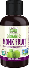 NOW monk fruit vista frontal del envase muestra tamaño y marca, práctico para dosificar