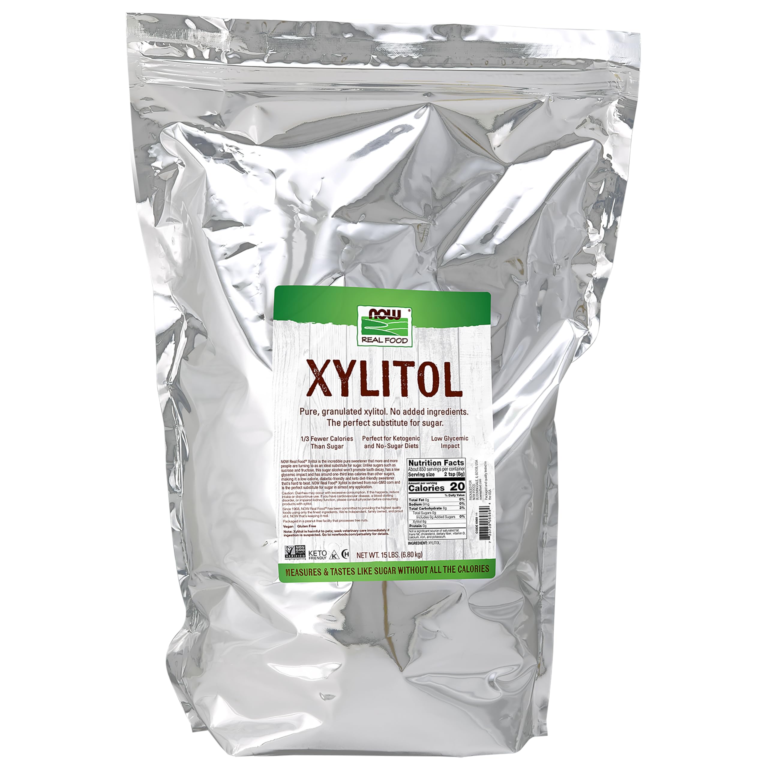 NOW xylitol frente del empaque mostrando tamaño y marca, ideal para ahorro