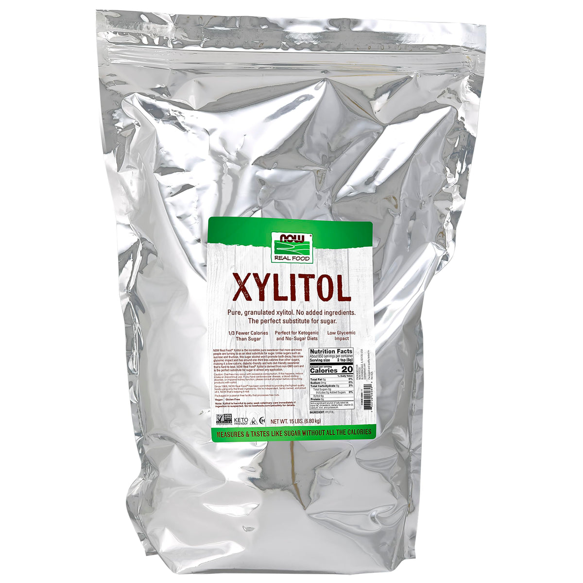 NOW xylitol frente del empaque mostrando tamaño y marca, ideal para ahorro