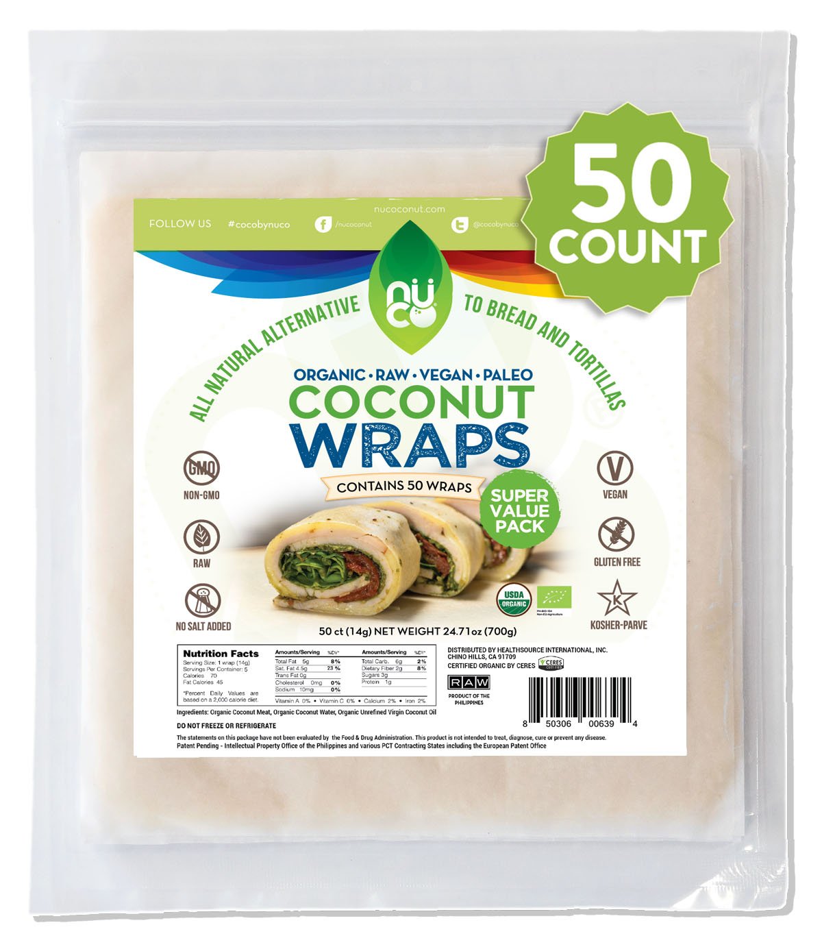 NUCO empaque frontal de 50 wraps orgánicos mostrando ahorro y cantidad