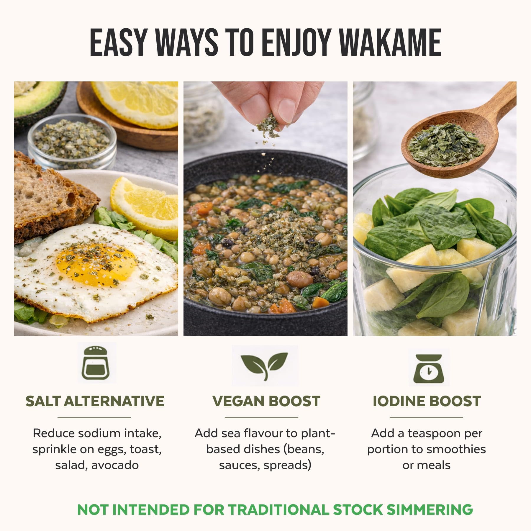 Numami wakame copos en cuchara listos para usar y aportar umami