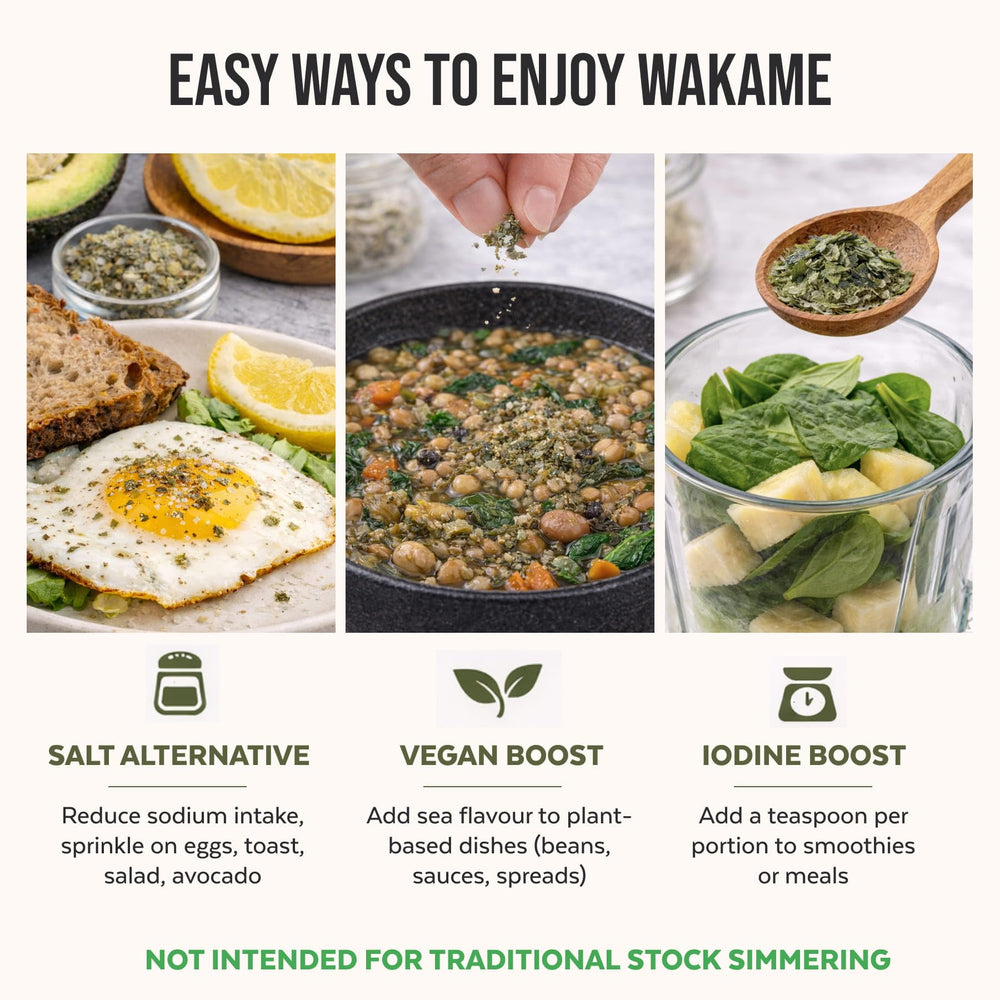 Numami wakame copos en cuchara listos para usar y aportar umami