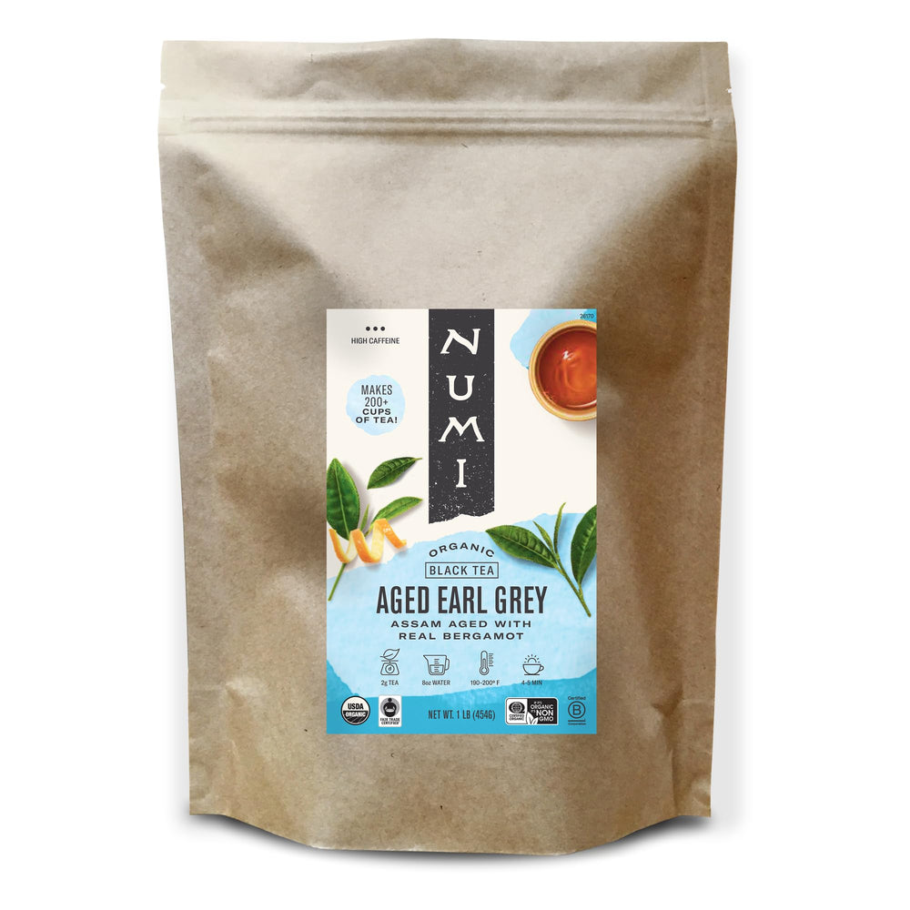 Numi embalaje frontal 1 lb mostrando sello orgánico y beneficio de ahorro