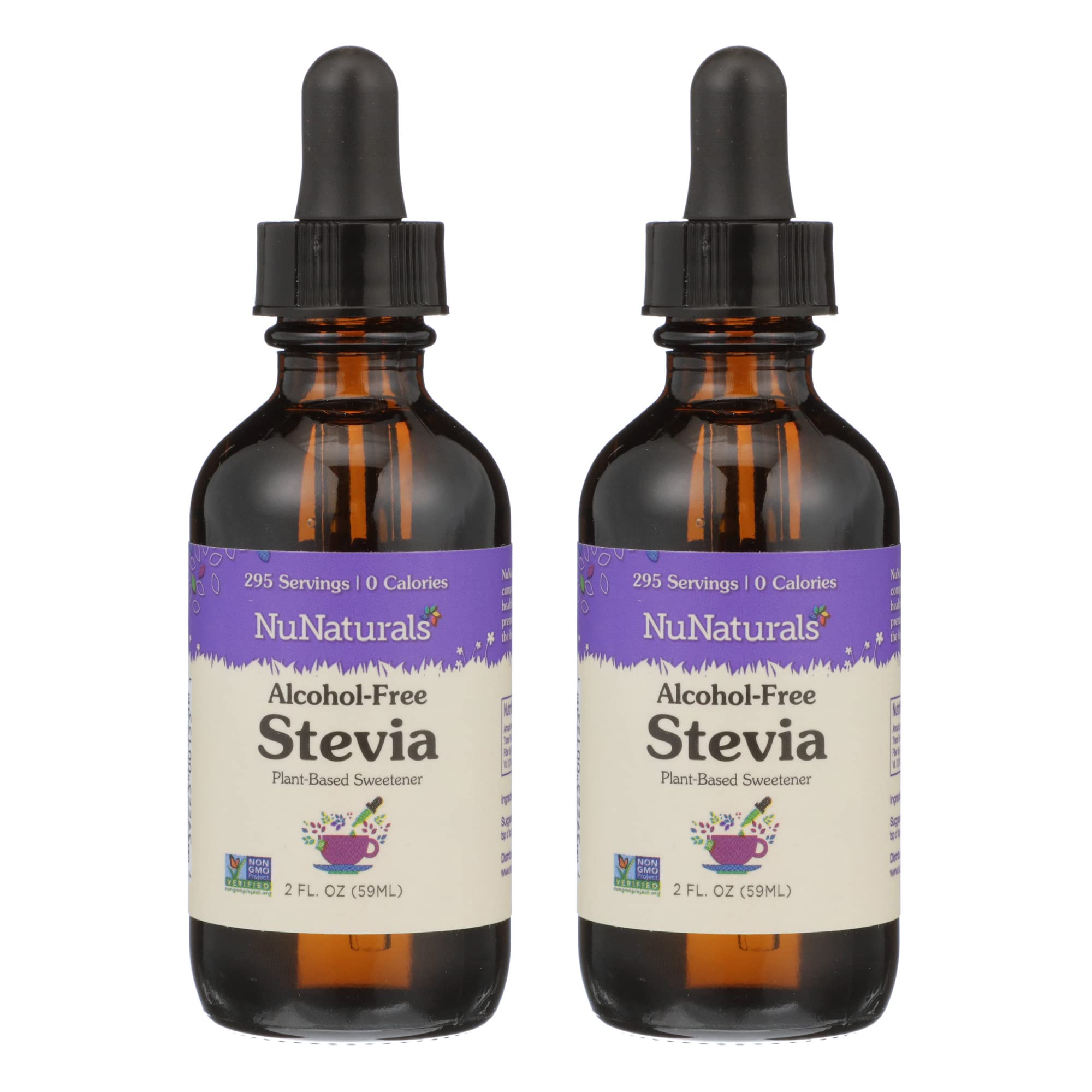 NuNaturals pack frontal de dos frascos de stevia líquida clara mostrando presentación