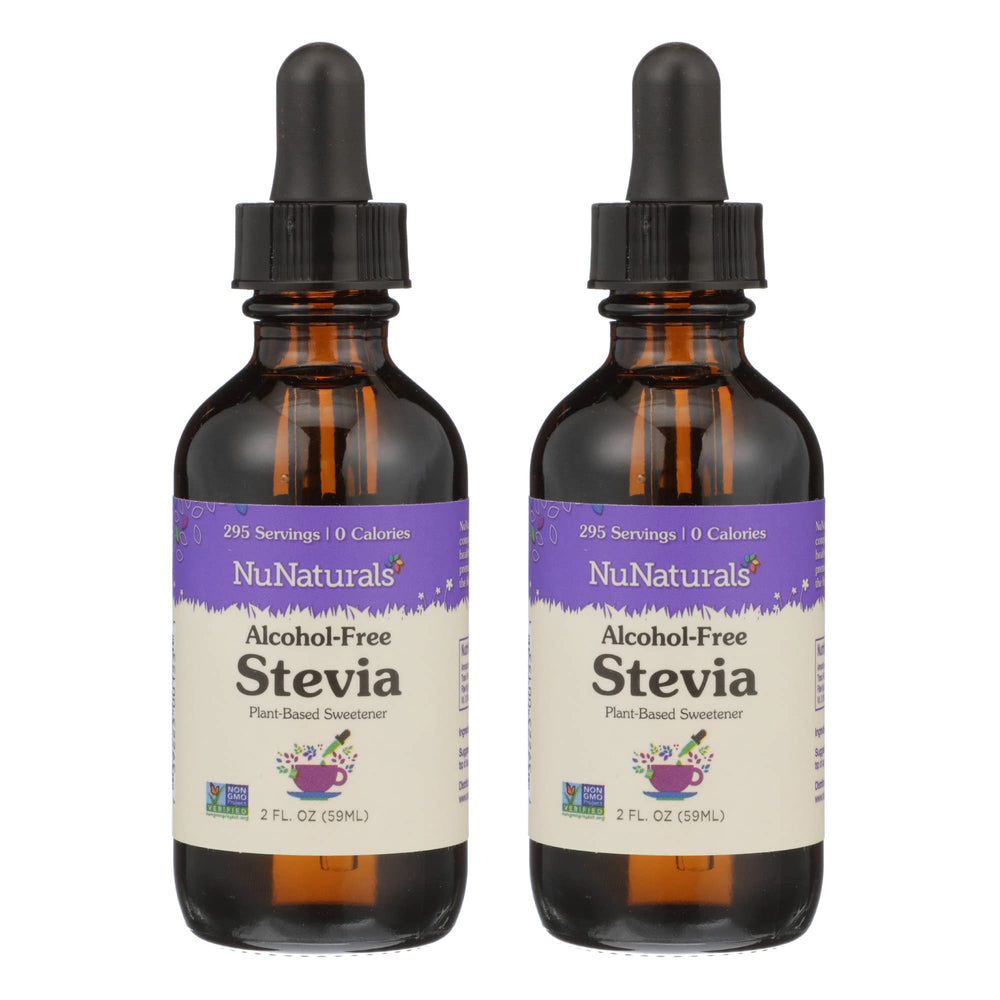 NuNaturals pack frontal de dos frascos de stevia líquida clara mostrando presentación