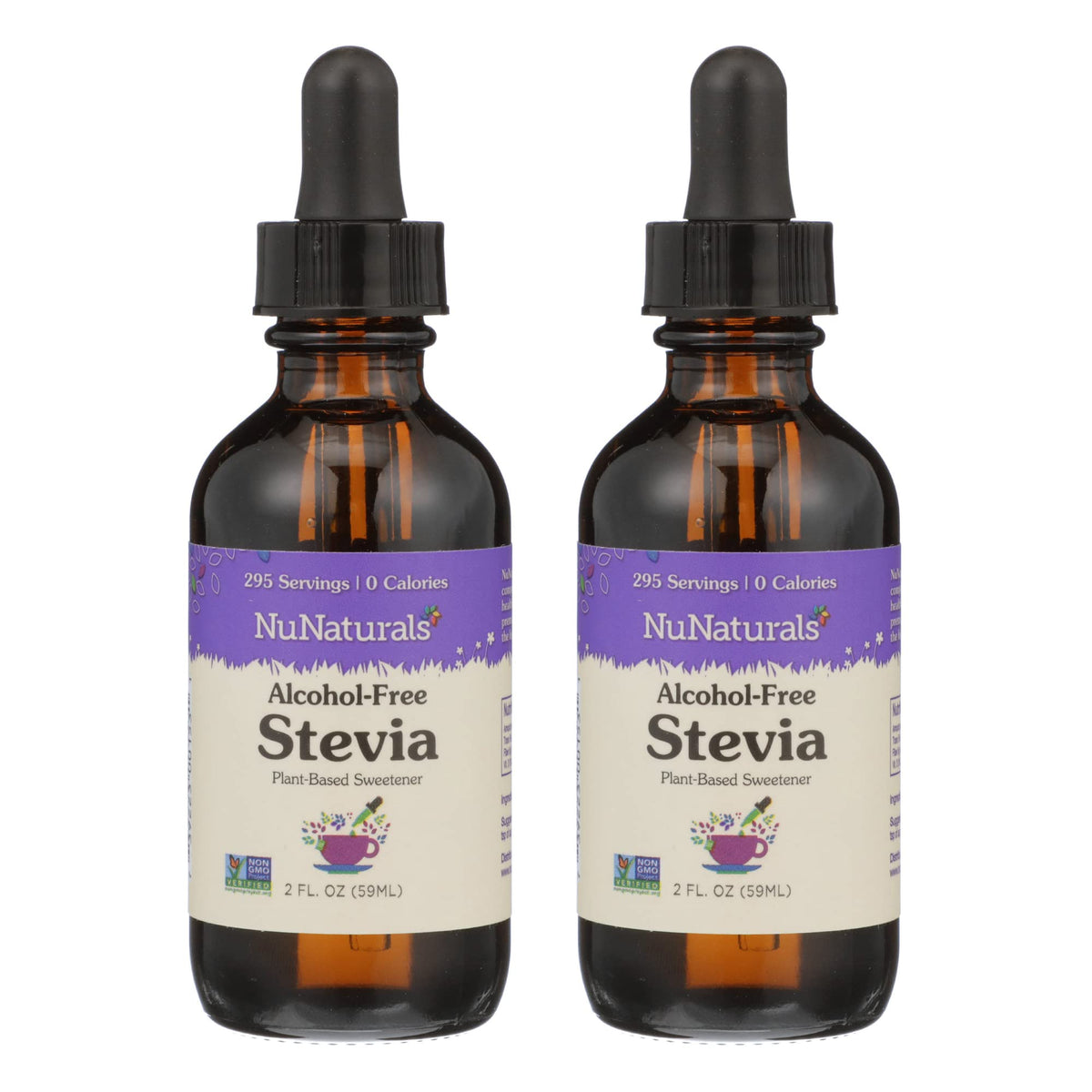 NuNaturals pack frontal de dos frascos de stevia líquida clara mostrando presentación