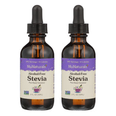 NuNaturals pack frontal de dos frascos de stevia líquida clara mostrando presentación