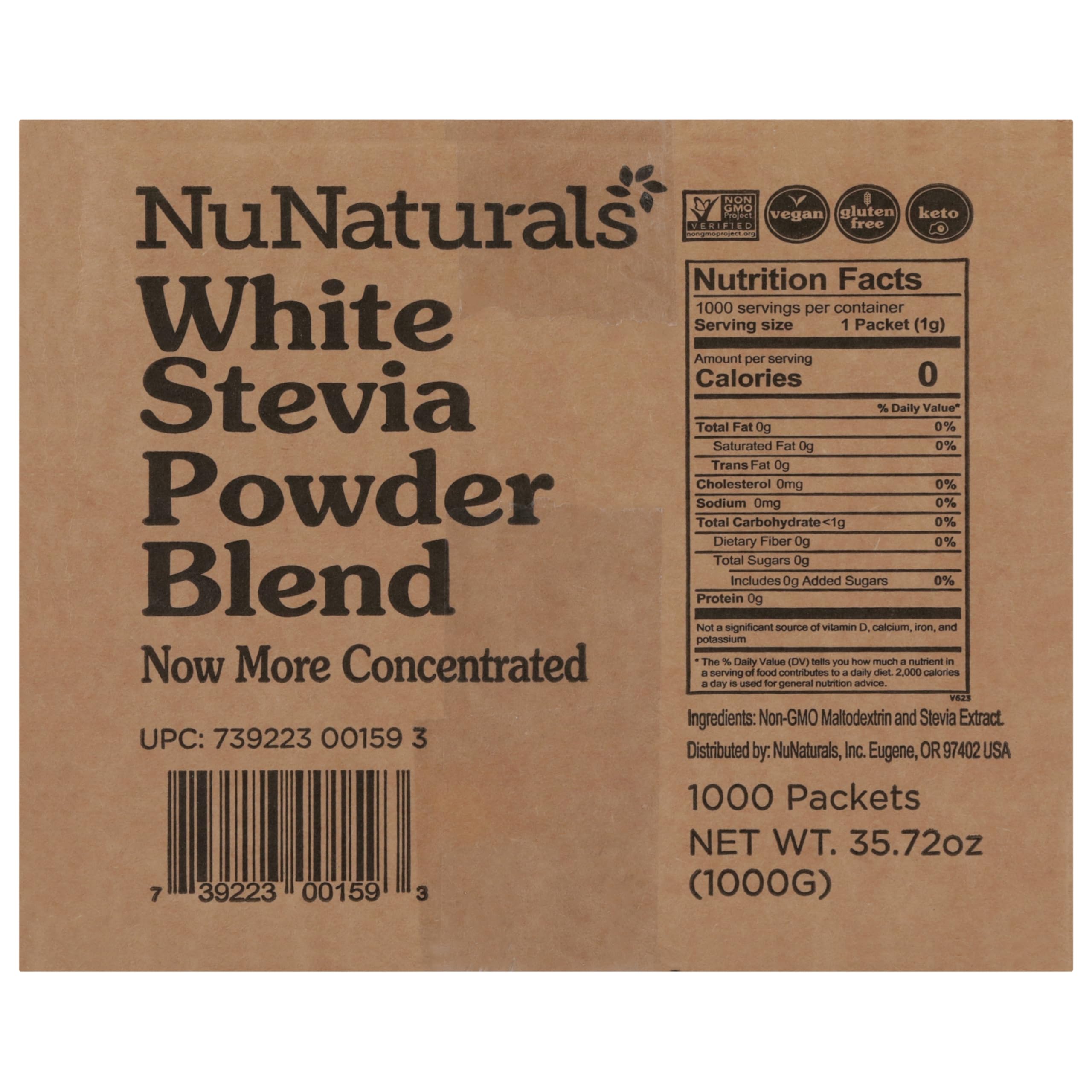 NuNaturals caja de 1000 sobres que indica gran cantidad y ahorro