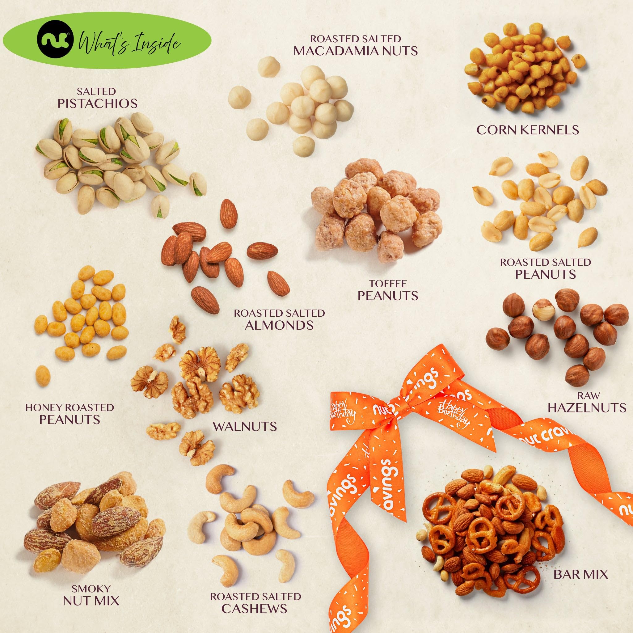 Nut Cravings cinta naranja "Happy Birthday" añadiendo toque festivo