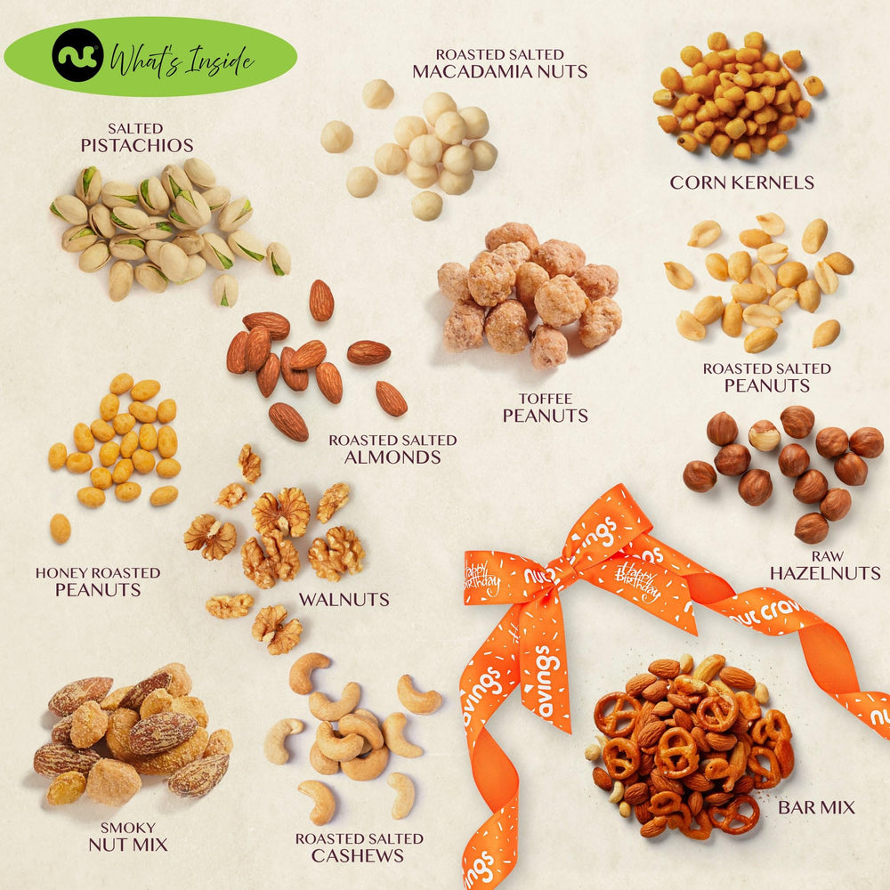 Nut Cravings cinta naranja "Happy Birthday" añadiendo toque festivo