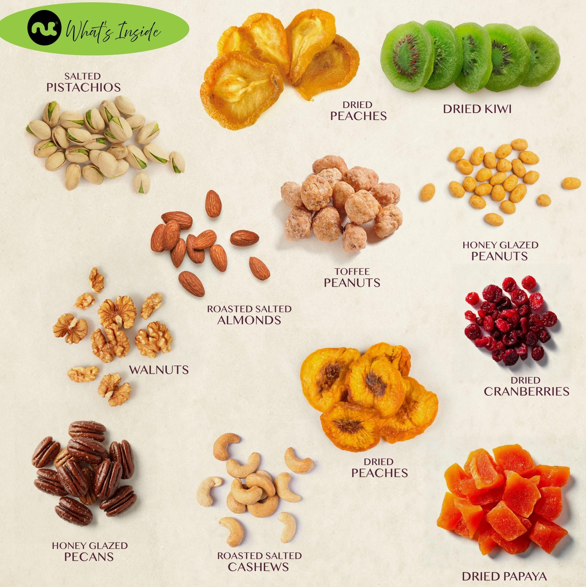 Nut Cravings etiqueta negra y dorada con cinta "Happy Birthday" llamativa
