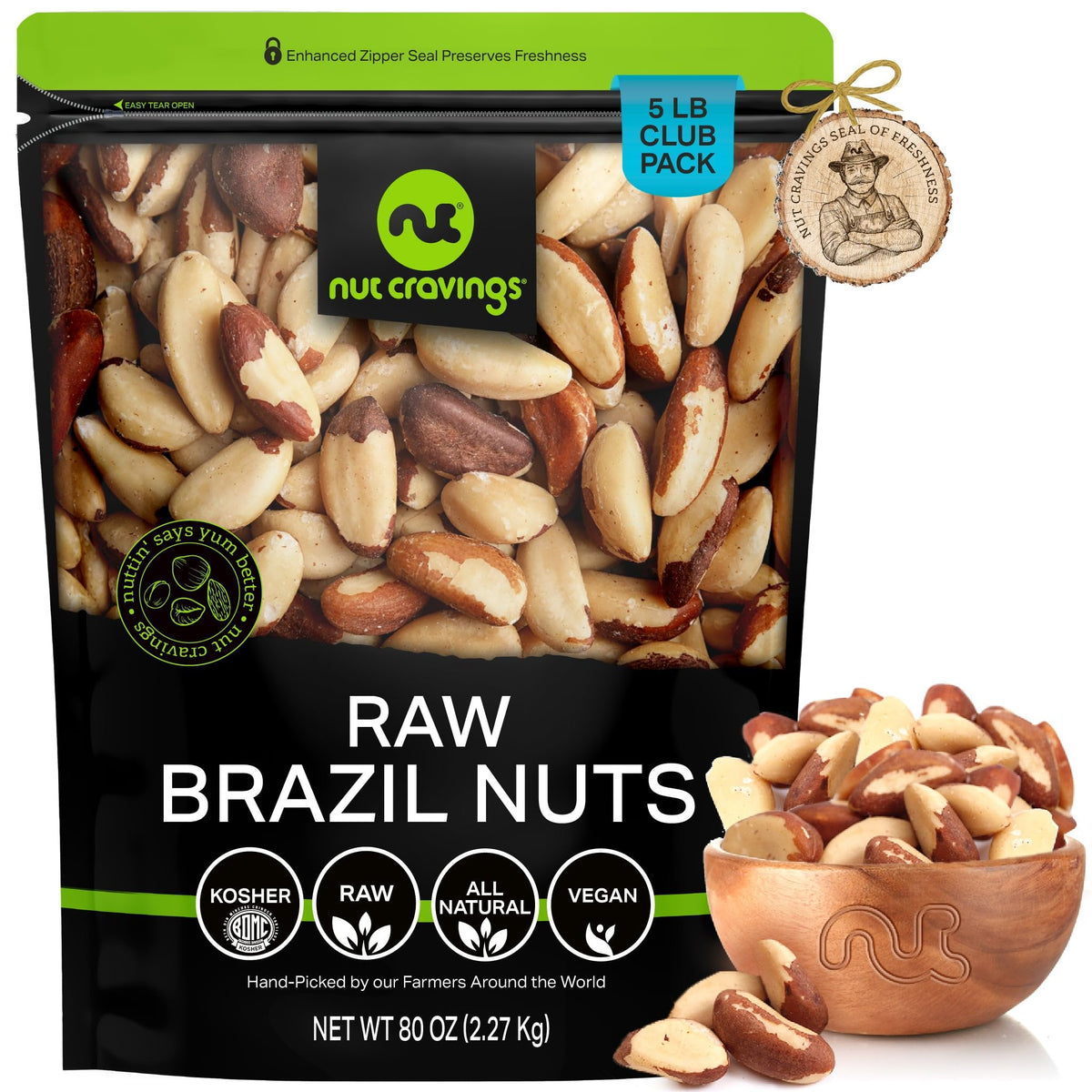 Nut Cravings frente del empaque mostrando bolsa resellable y cantidad