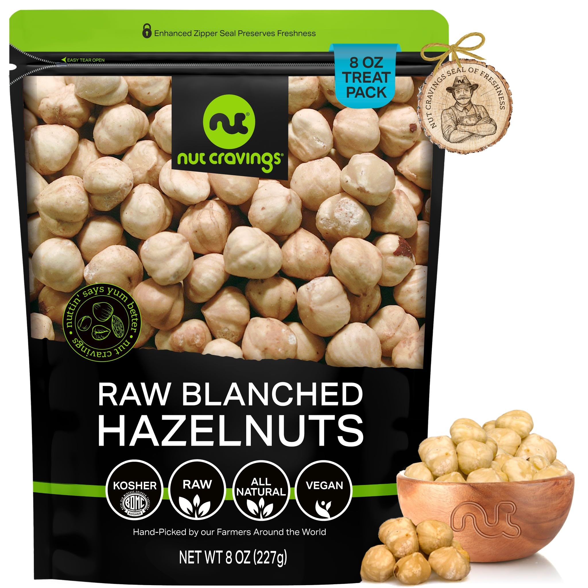 Nut Cravings empaque frontal mostrando la bolsa resellable y beneficio de frescura