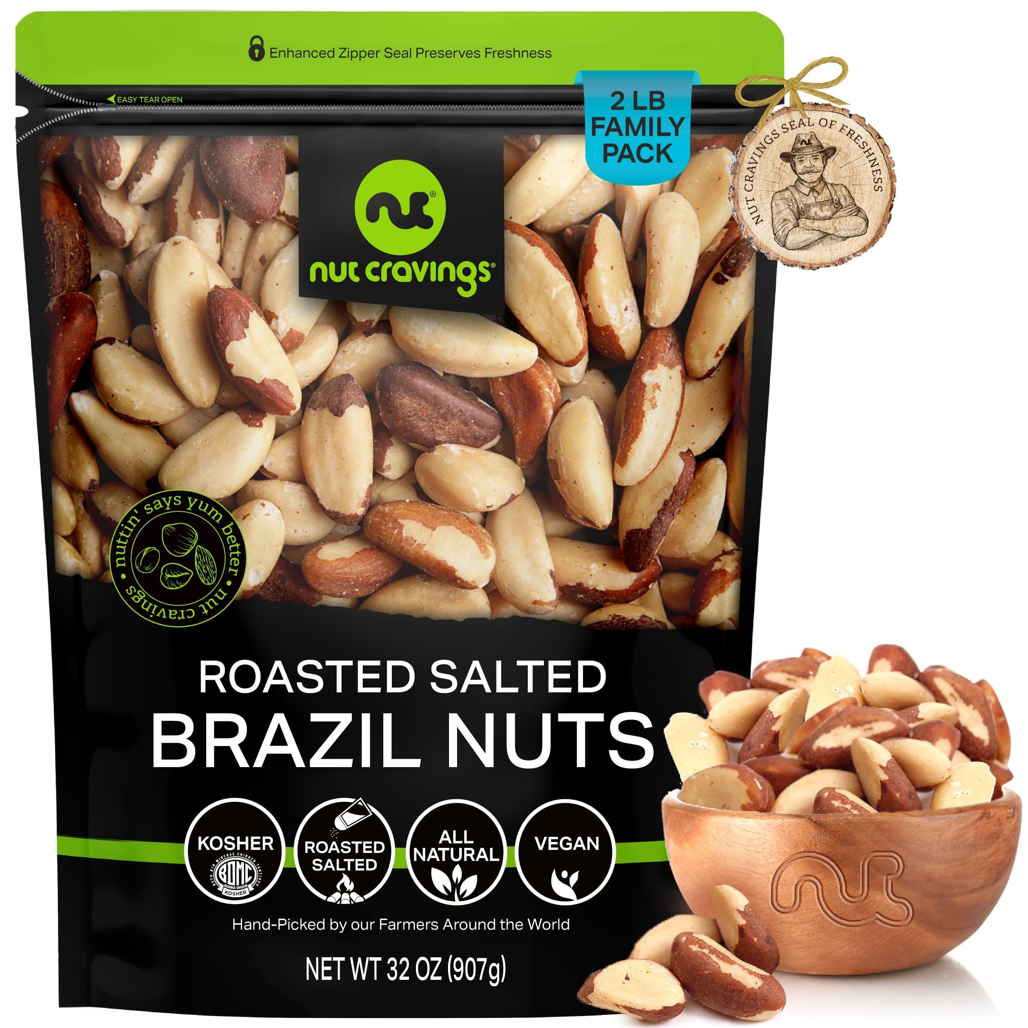 Nut Cravings paquete frontal mostrando 2 lb y cierre resellable, práctico