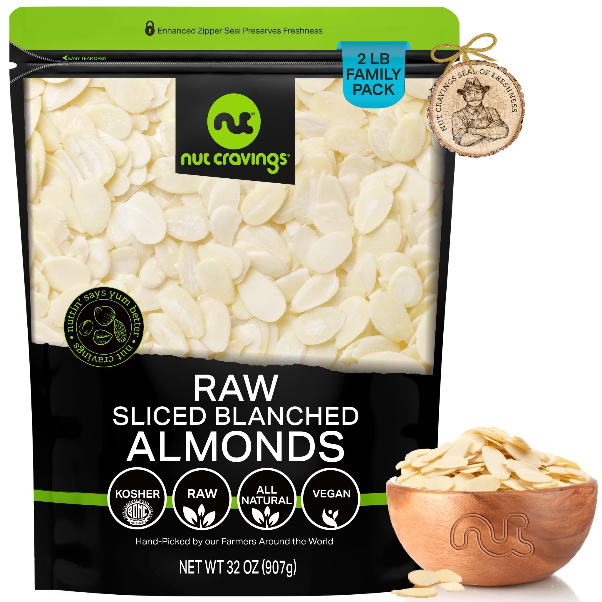 Nut Cravings paquete frontal de 32 oz mostrando el envase resellable y beneficio de frescura