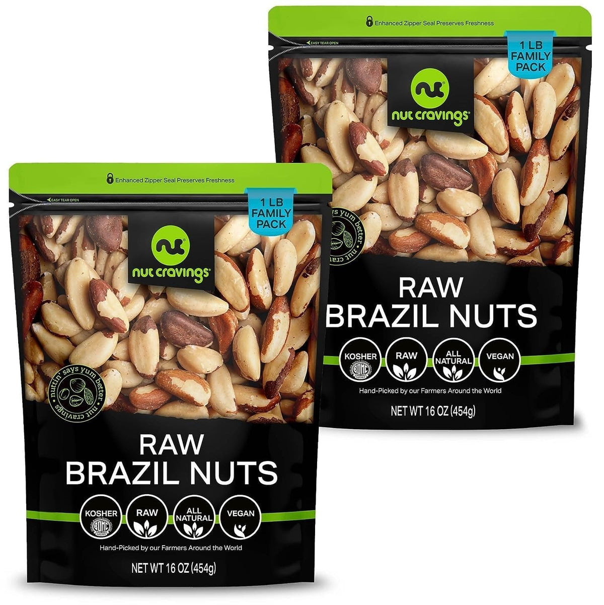 Nut Cravings bolsa frontal mostrando el empaque resellable y frescura