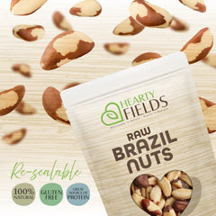 Nut Cravings manos sosteniendo nueces Hearty Fields para escala