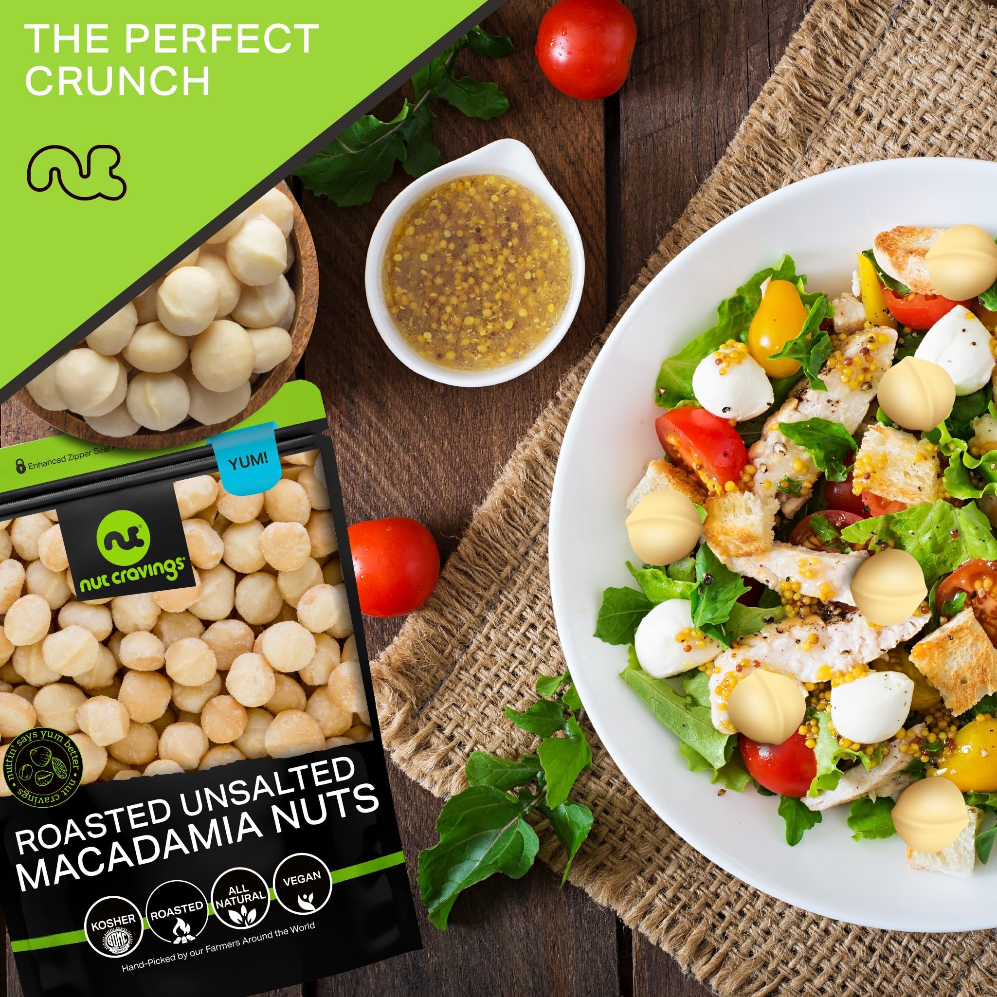 Nut Cravings macadamias picadas sobre ensalada aportando textura
