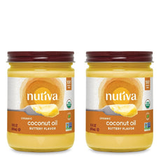 Nutiva frasco frontal mostrando etiqueta orgánica y beneficio de sabor