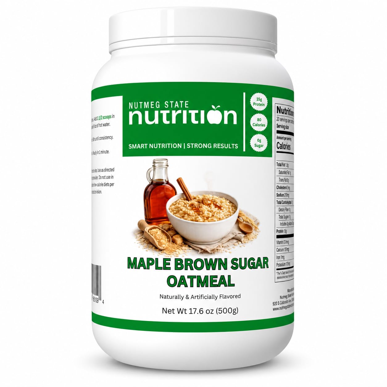 Nutmeg State Nutrition lata frontal mostrando la etiqueta y beneficios