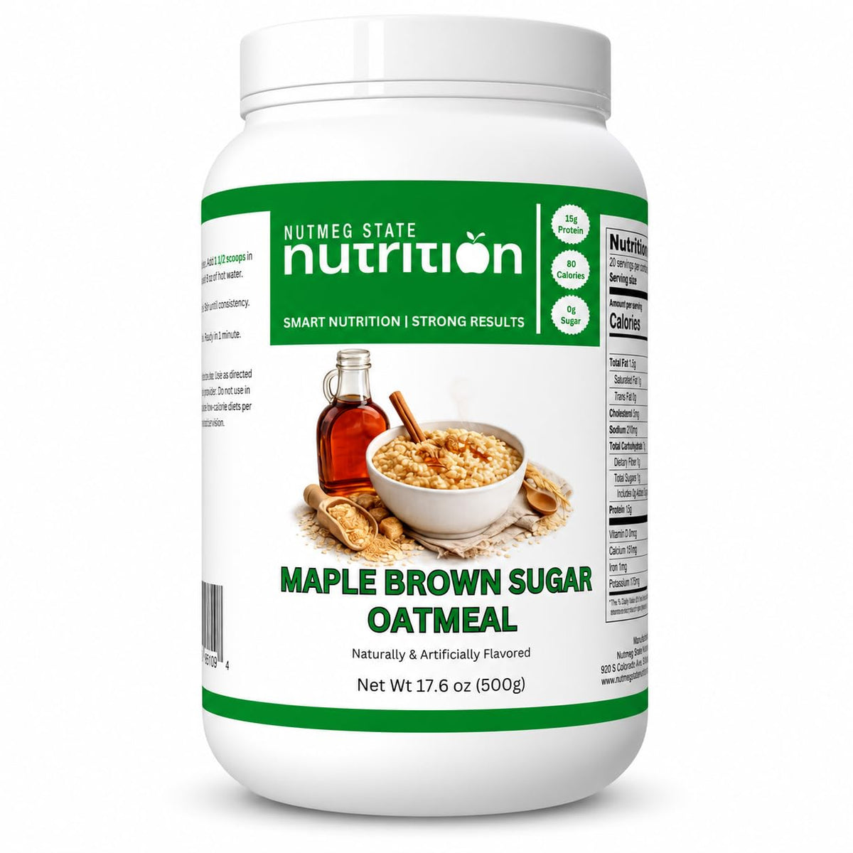 Nutmeg State Nutrition lata frontal mostrando la etiqueta y beneficios