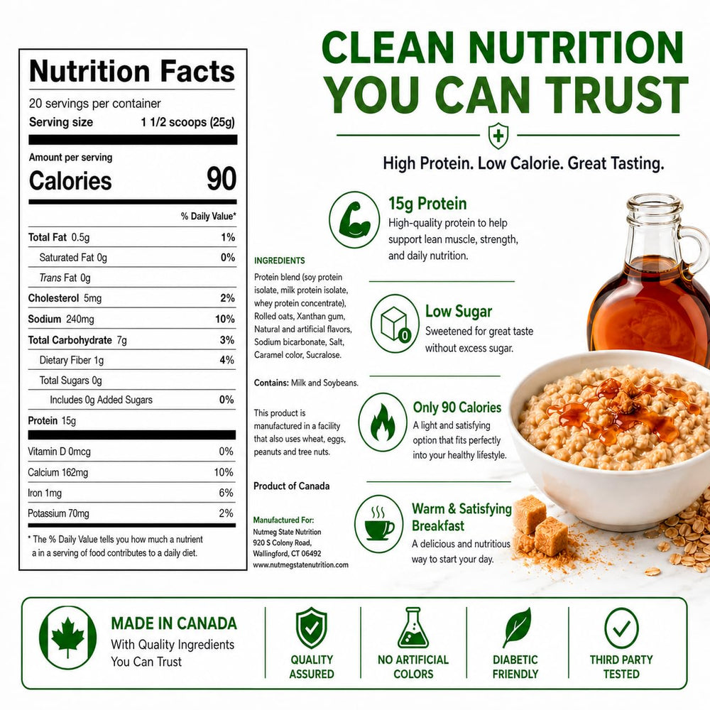 Nutmeg State Nutrition textura de la avena instantánea, proteína visible