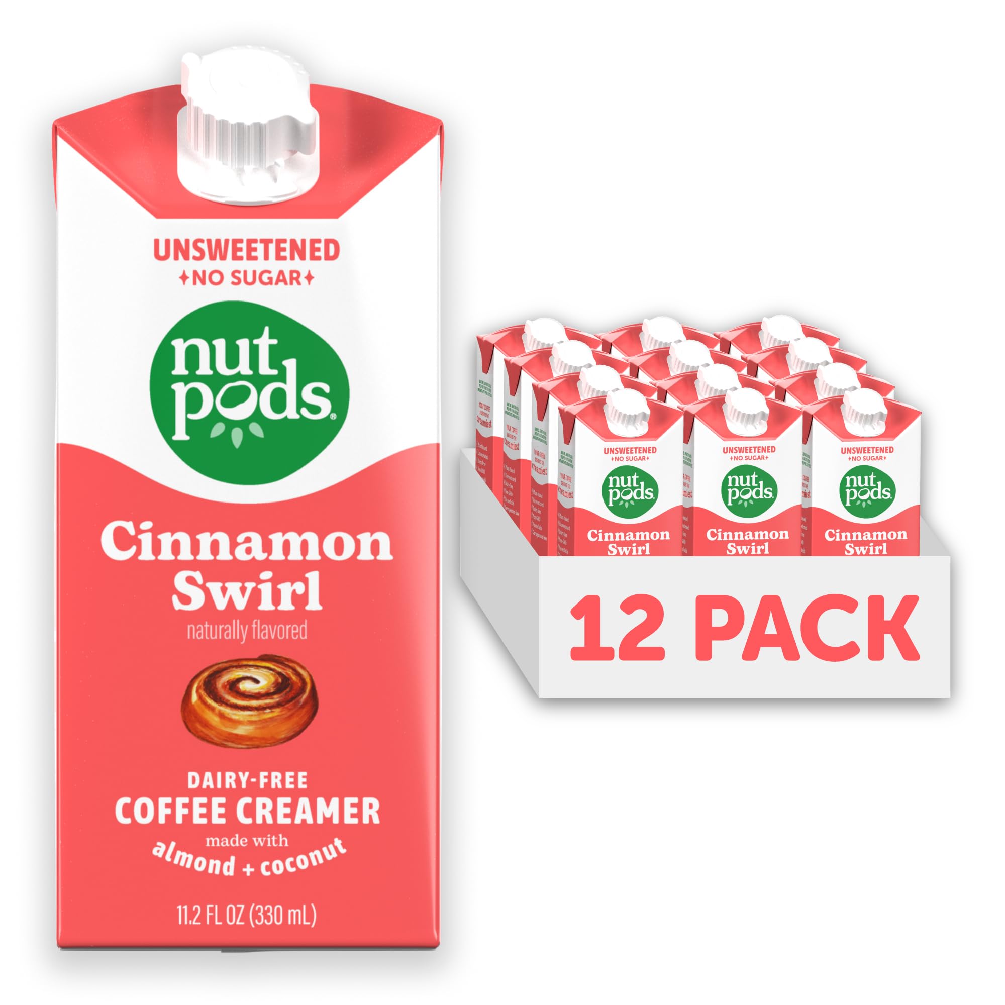 nutpods frasco frontal mostrando diseño y sabor cinnamon swirl, conveniencia