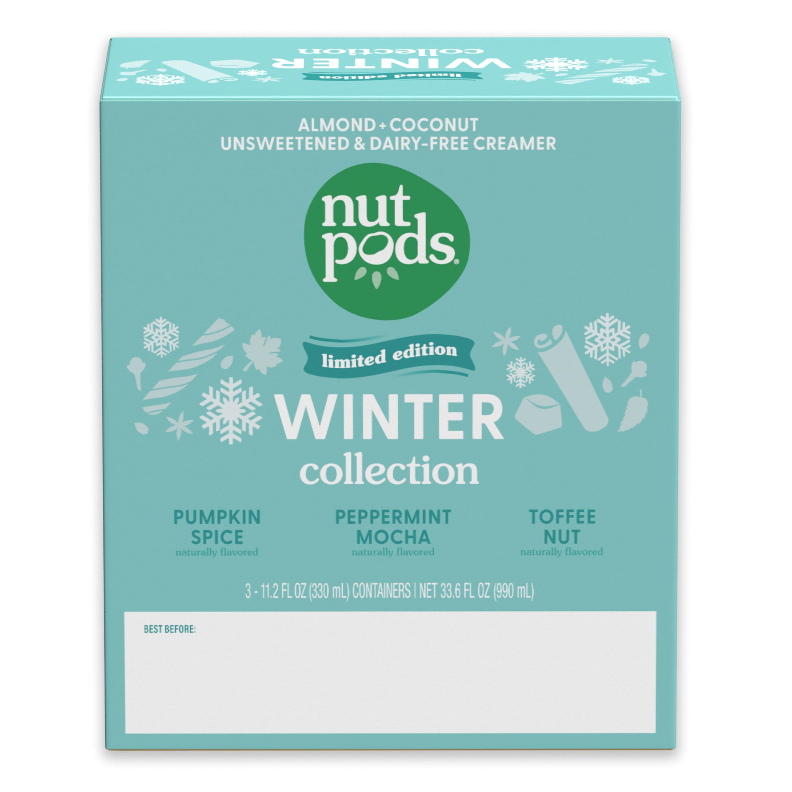 nutpods envase 11.2oz junto a una taza para comparar tamaño práctico y portable