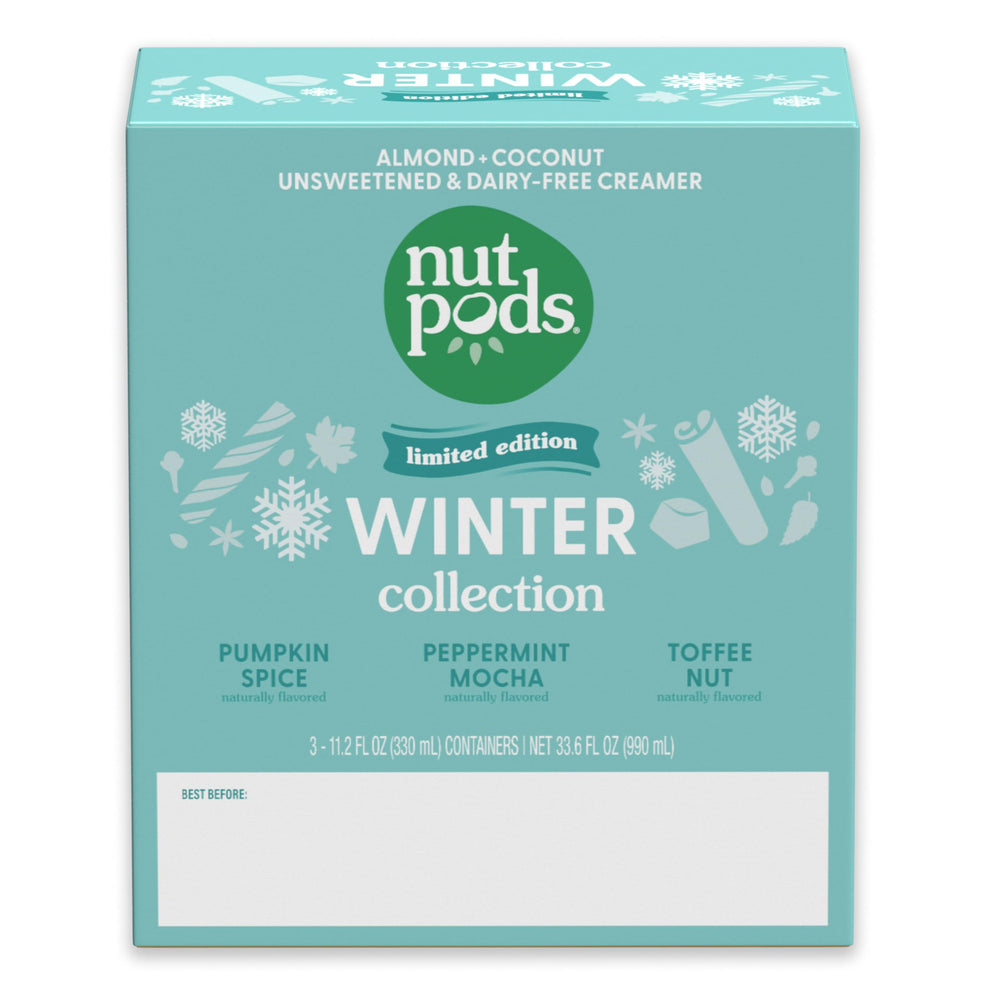 nutpods envase 11.2oz junto a una taza para comparar tamaño práctico y portable