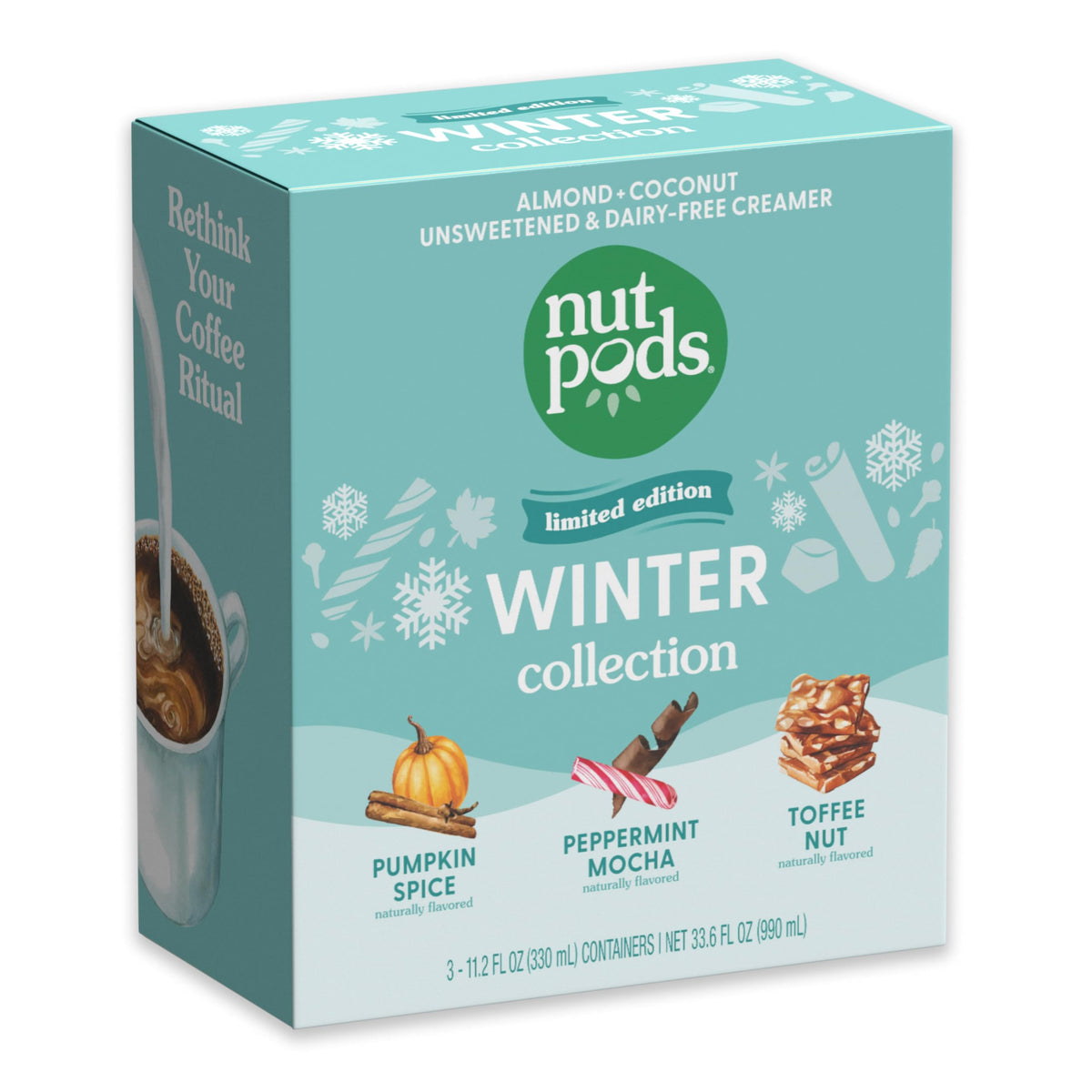 nutpods frente del empaque winter collection mostrando los tres sabores y conveniencia