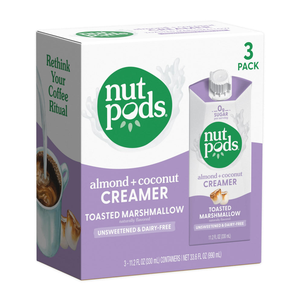 nutpods frente del empaque muestra sabor tostado y conveniencia