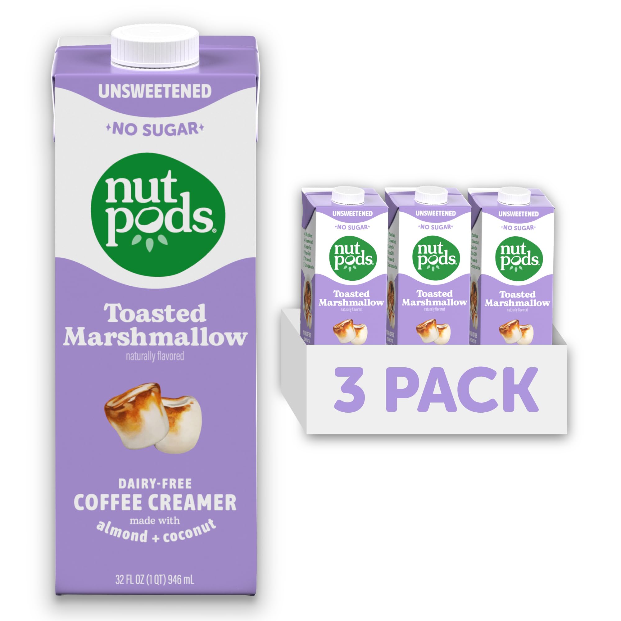 nutpods envase frontal pack tres unidades muestra sabor malvavisco tostado y conveniencia
