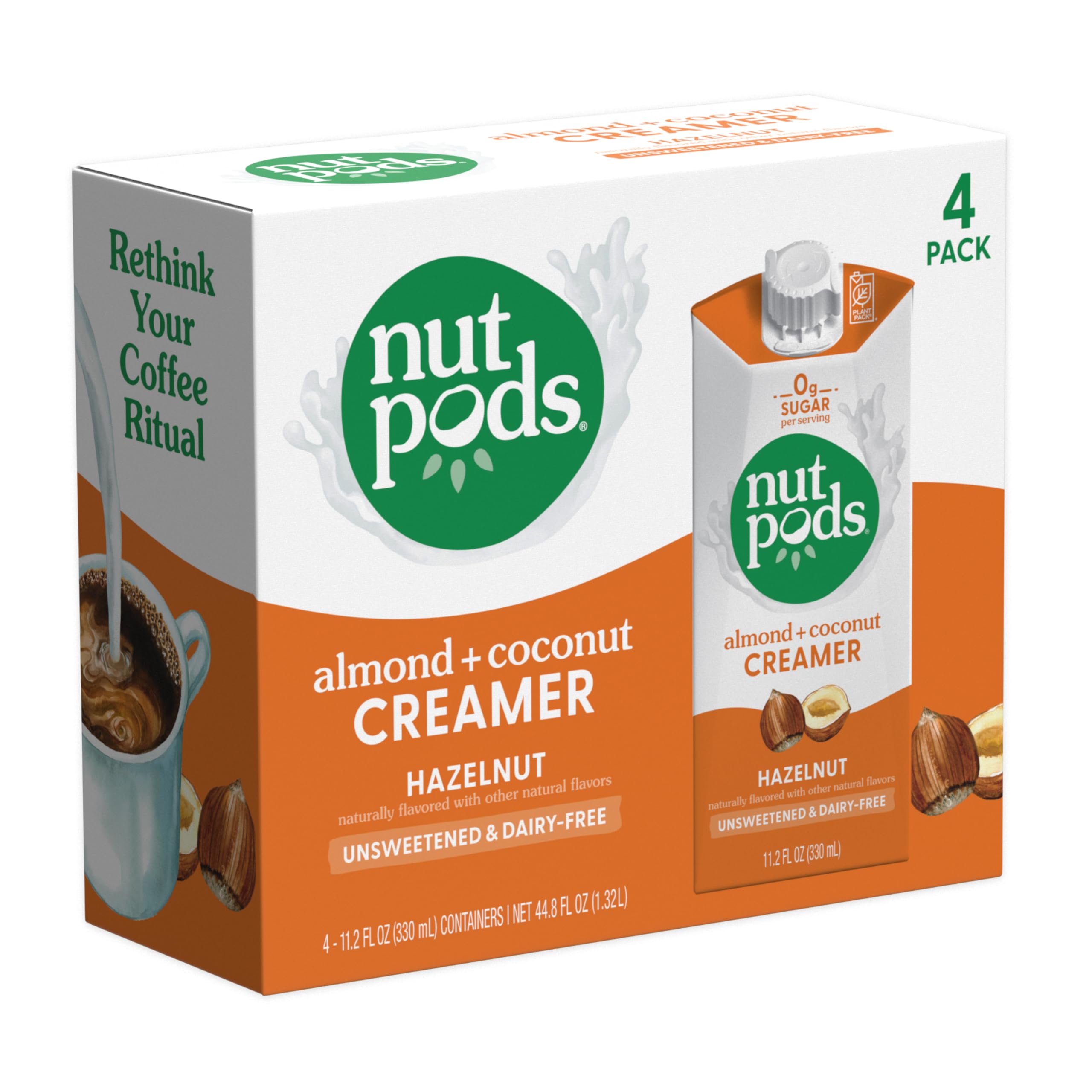 nutpods frente del empaque mostrando pack de 4 y beneficio de almacenamiento