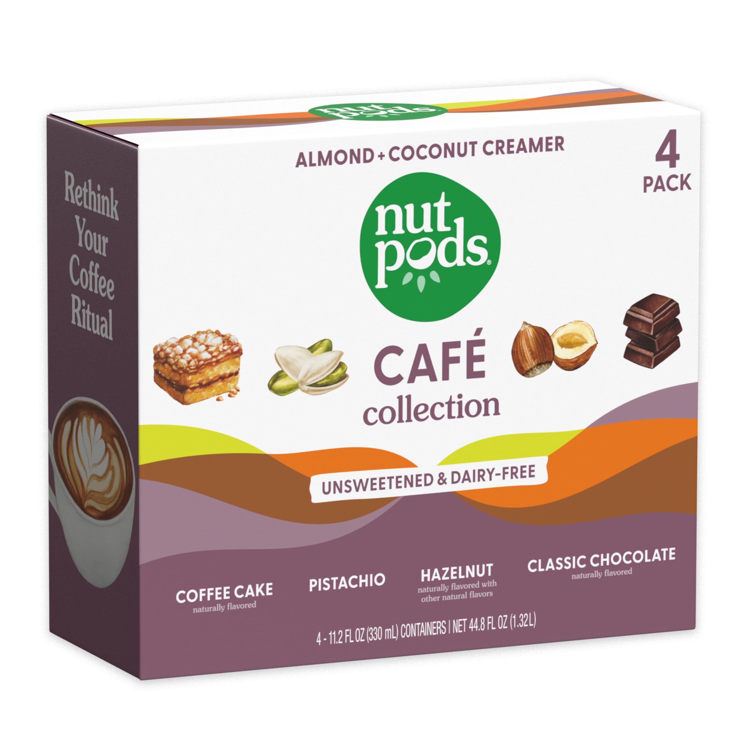 nutpods pack frontal con las cuatro variedades mostrando el diseño y conveniencia