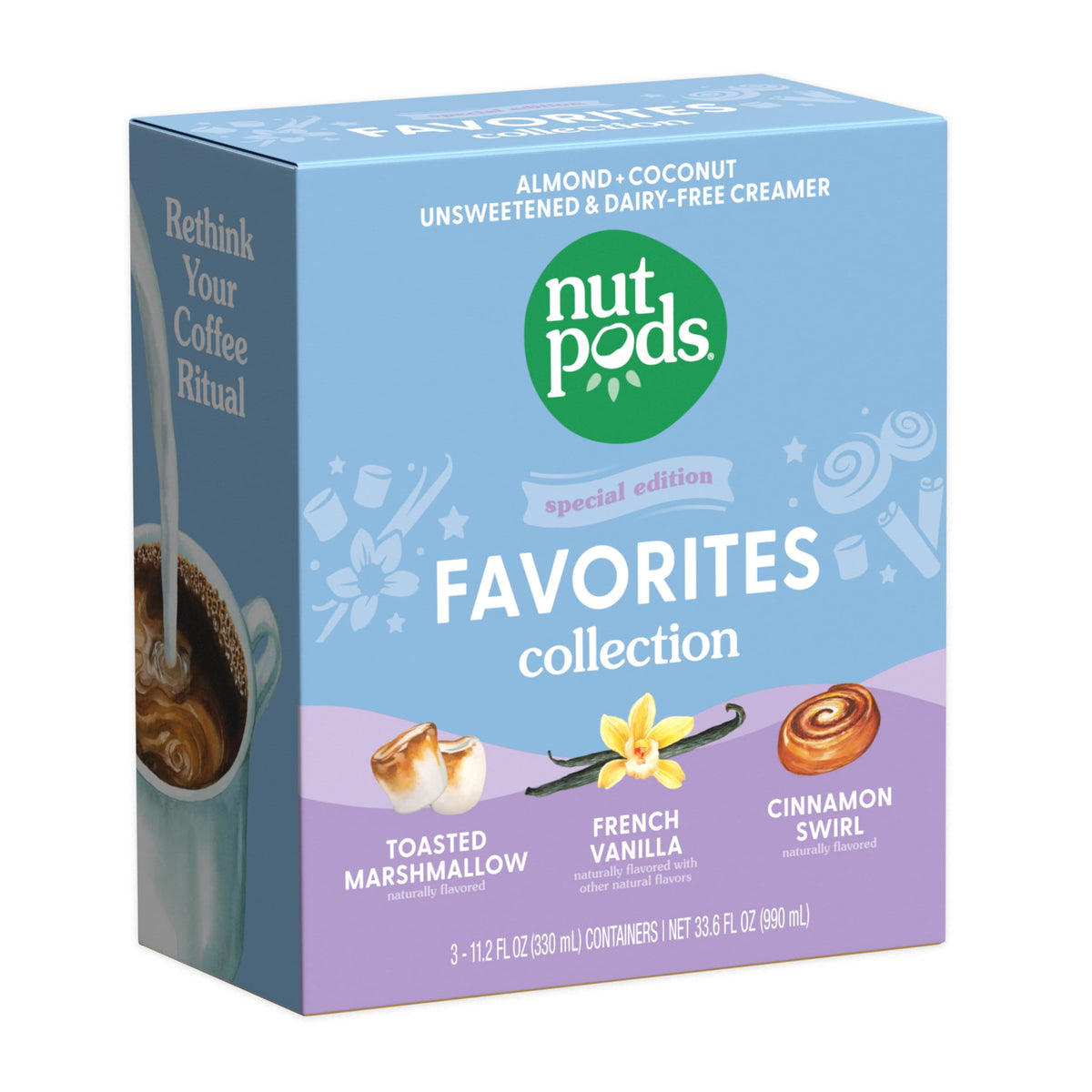 nutpods vista frontal del pack mostrando los tres sabores y conveniencia