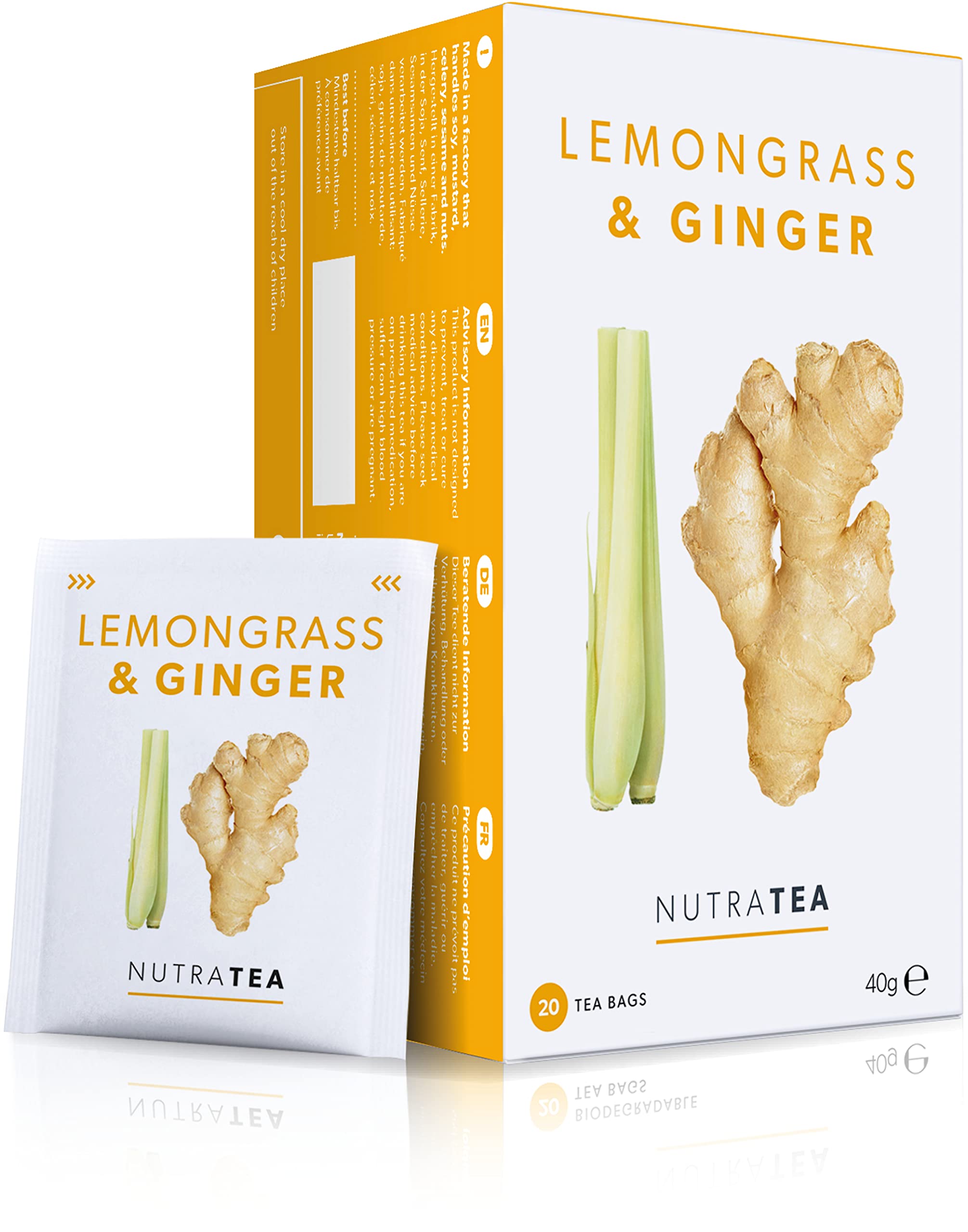 Nutra Tea paquete frontal mostrando 20 bolsas y diseño ecológico